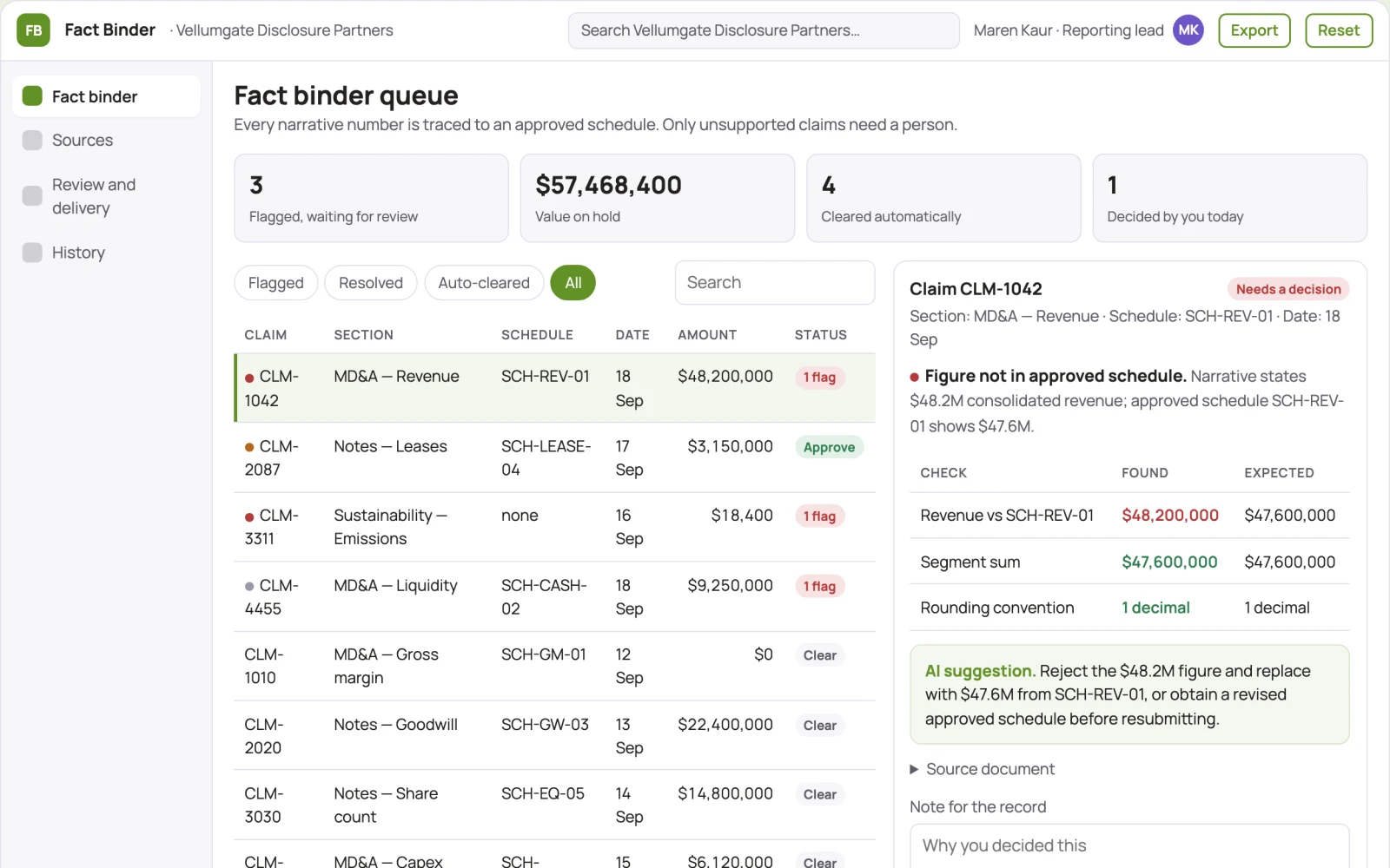 Screenshot of the Financial disclosure fact binder interactive demo