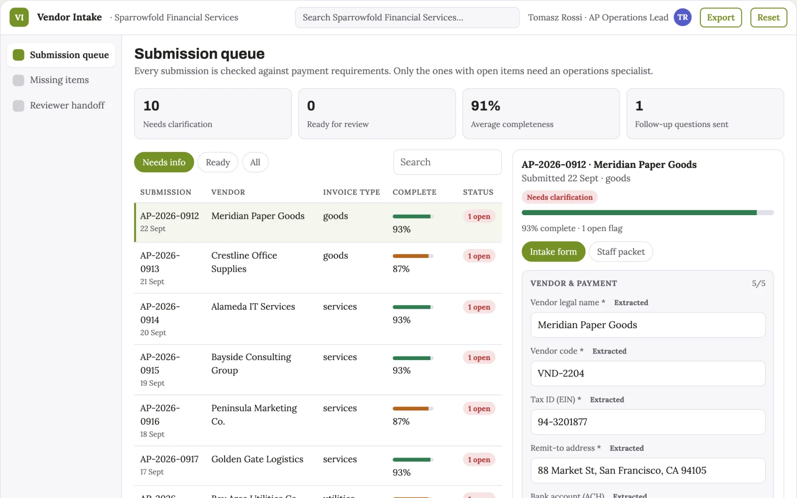 Demo screen of Financial document extraction API