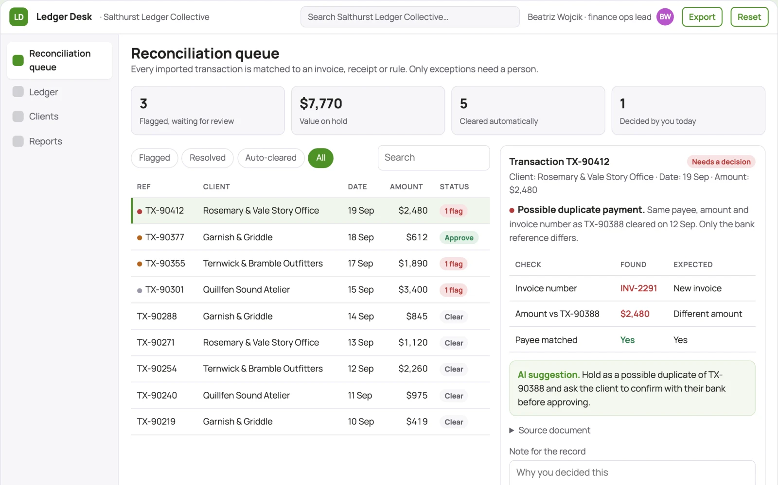 Screenshot of the Financial operations coordination portal interactive demo