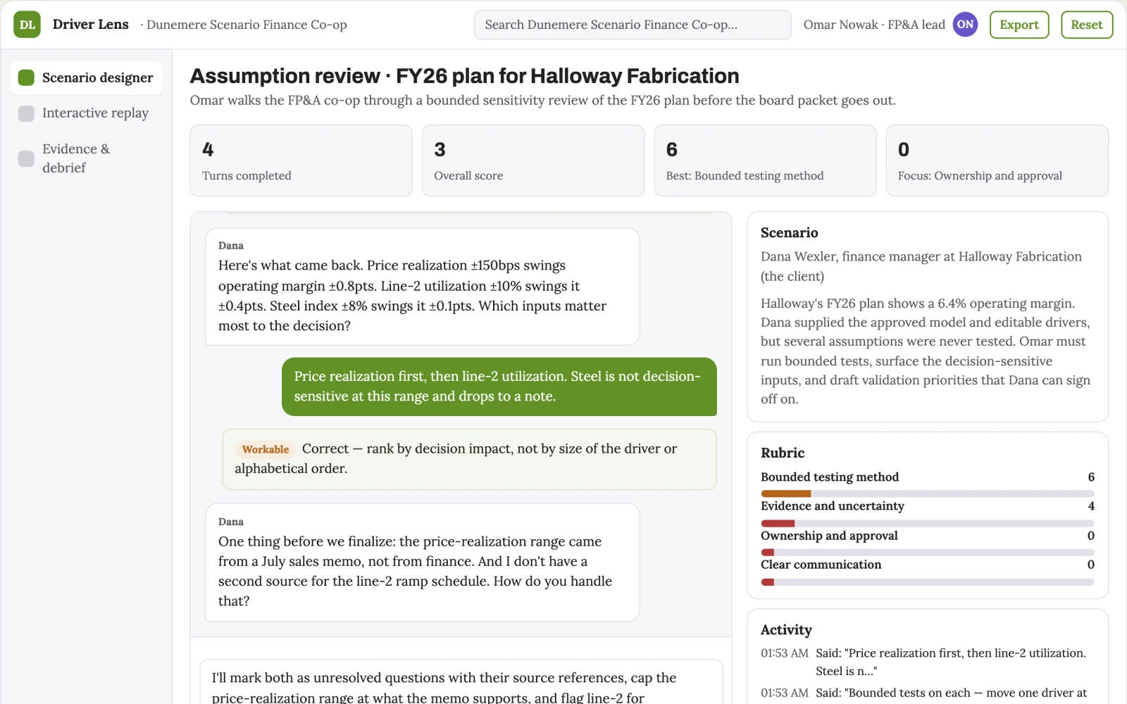 Screenshot of the Financial planning driver sensitivity coach interactive demo