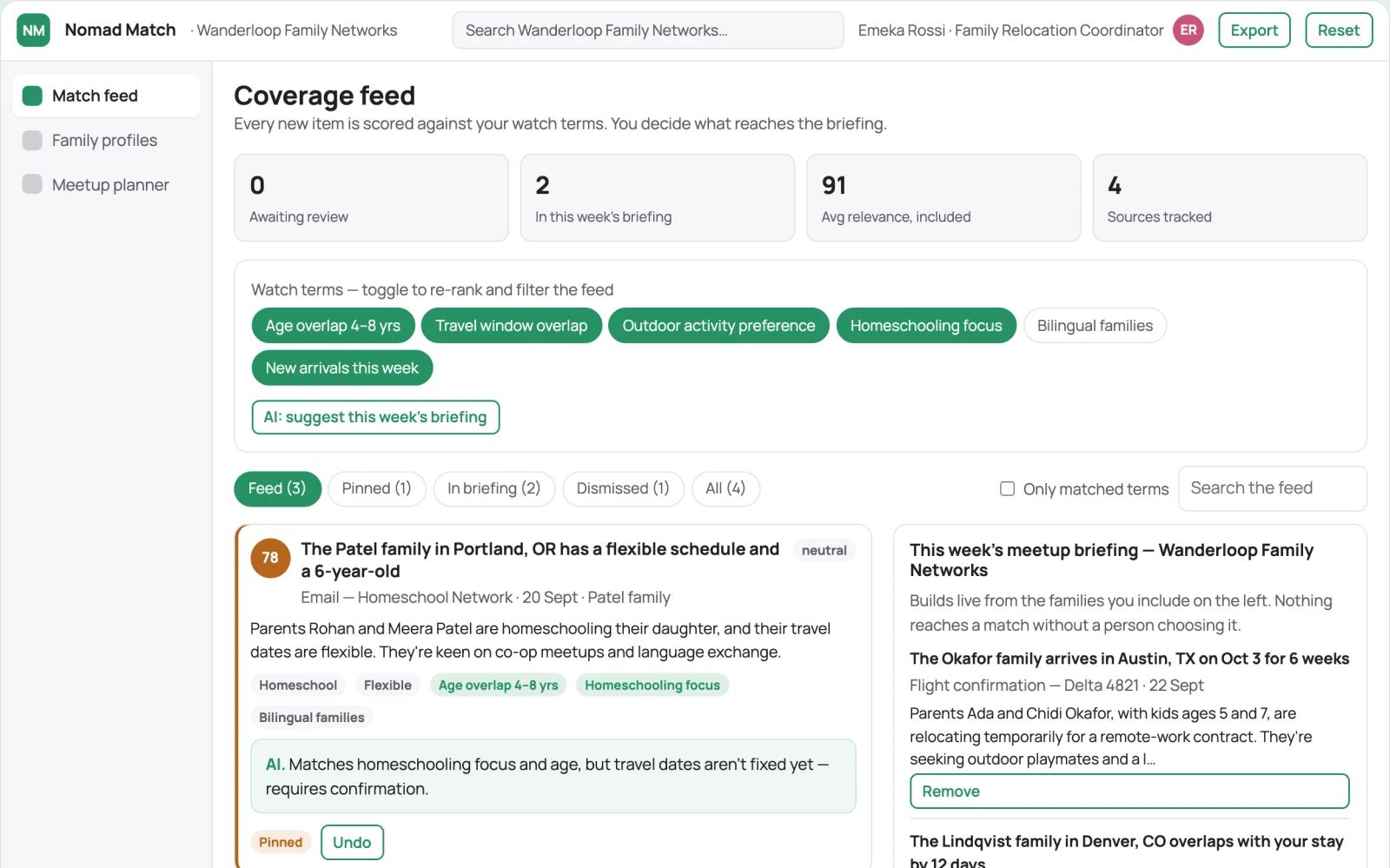 Demo screen of Dynamic Nomad Family Matcher