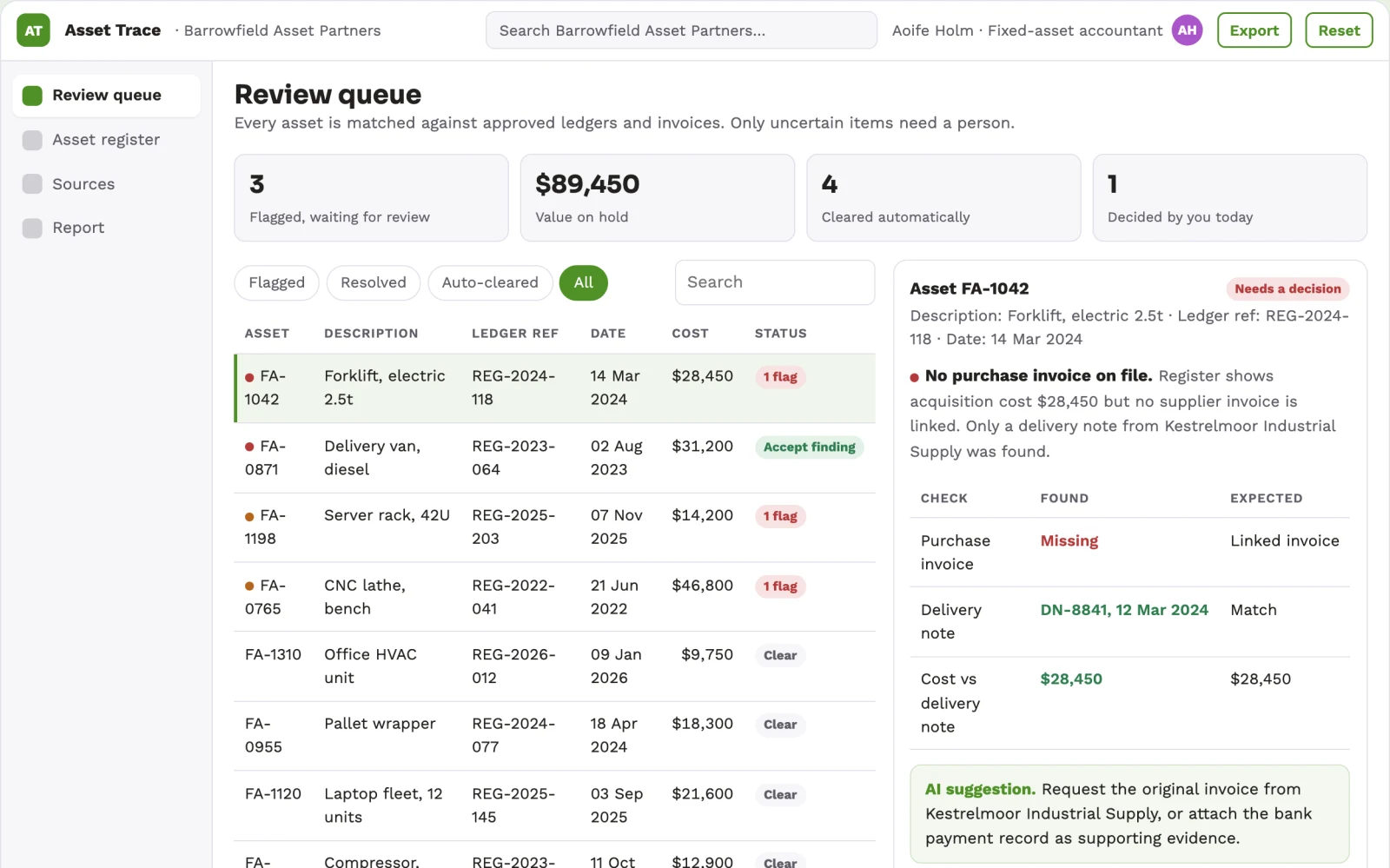 Screenshot of the Fixed-asset evidence reconciler interactive demo