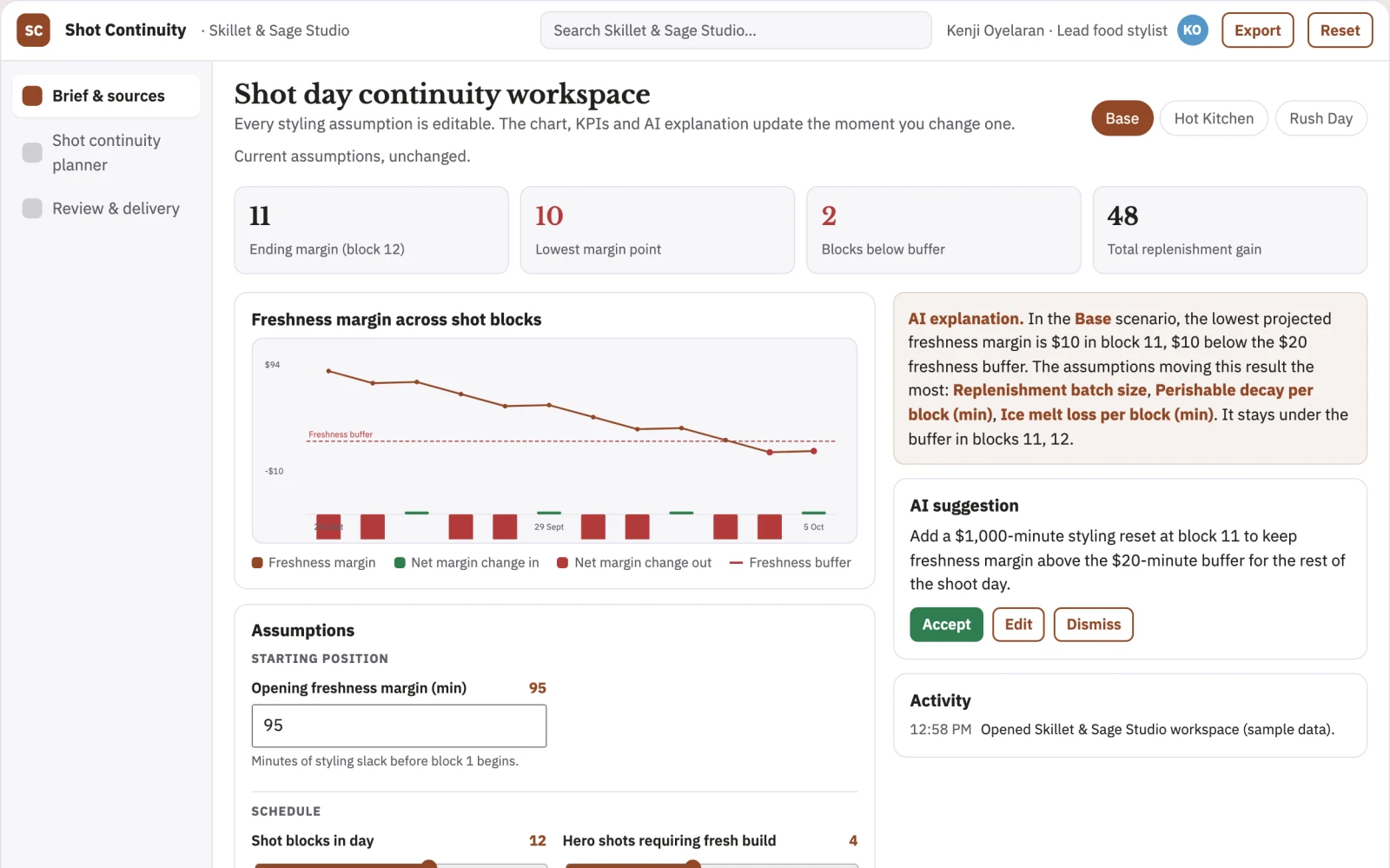 Screenshot of the Food styling shot continuity planner interactive demo