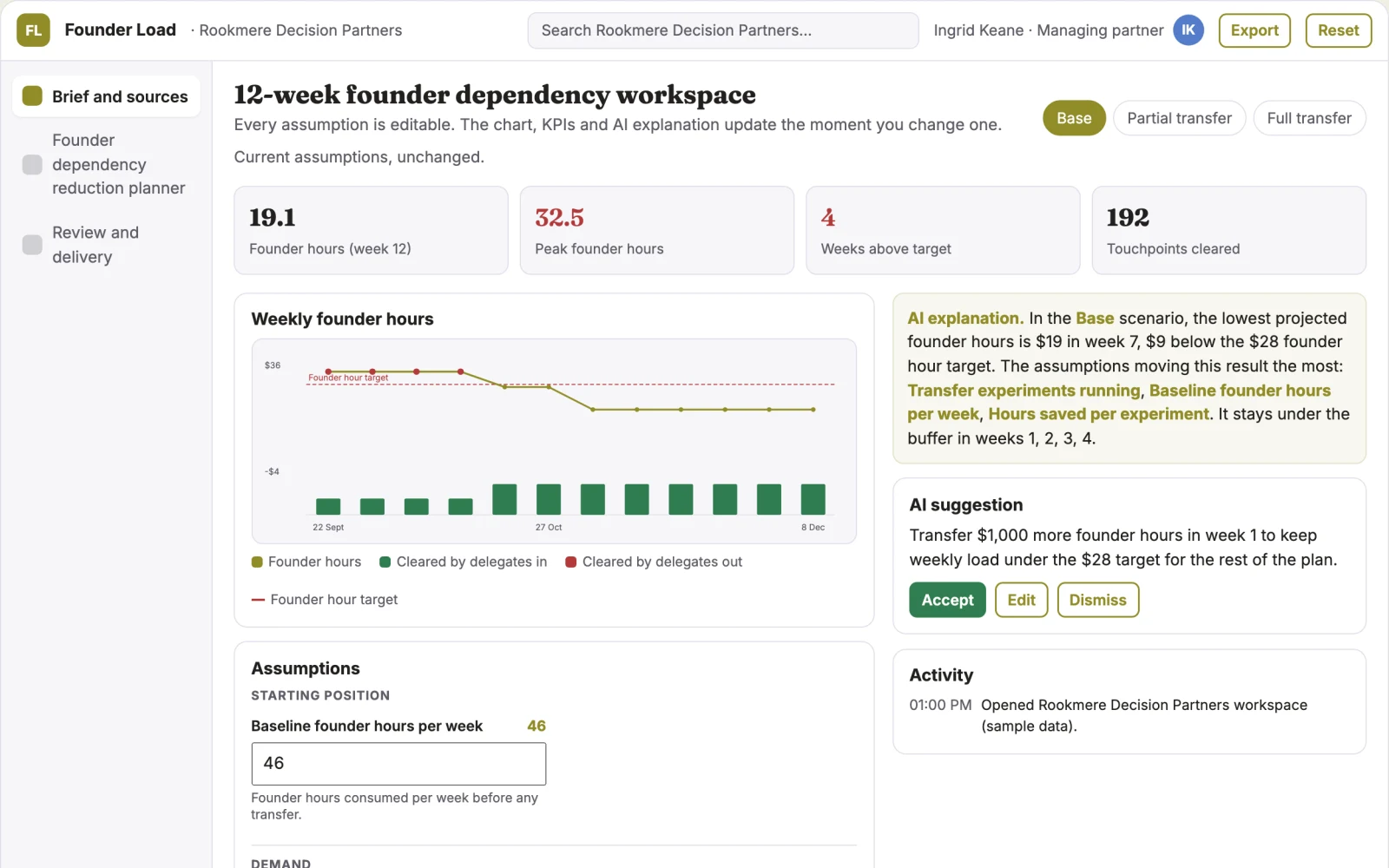 Screenshot of the Founder dependency reduction planner interactive demo