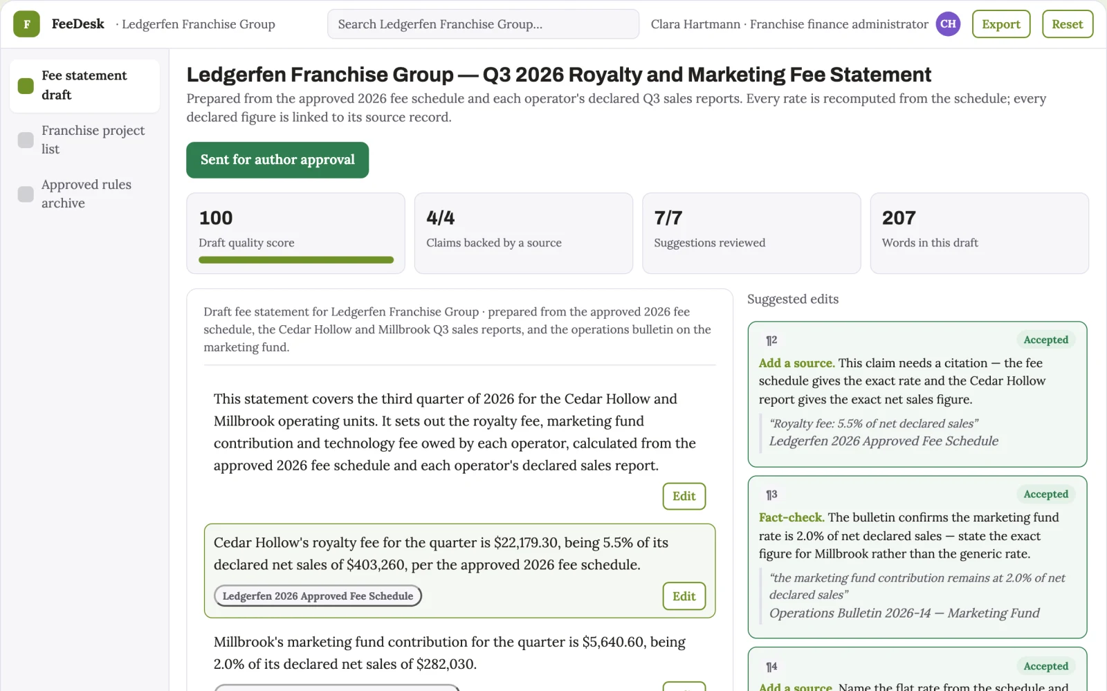 Screenshot of the Franchise fee statement preparation interactive demo