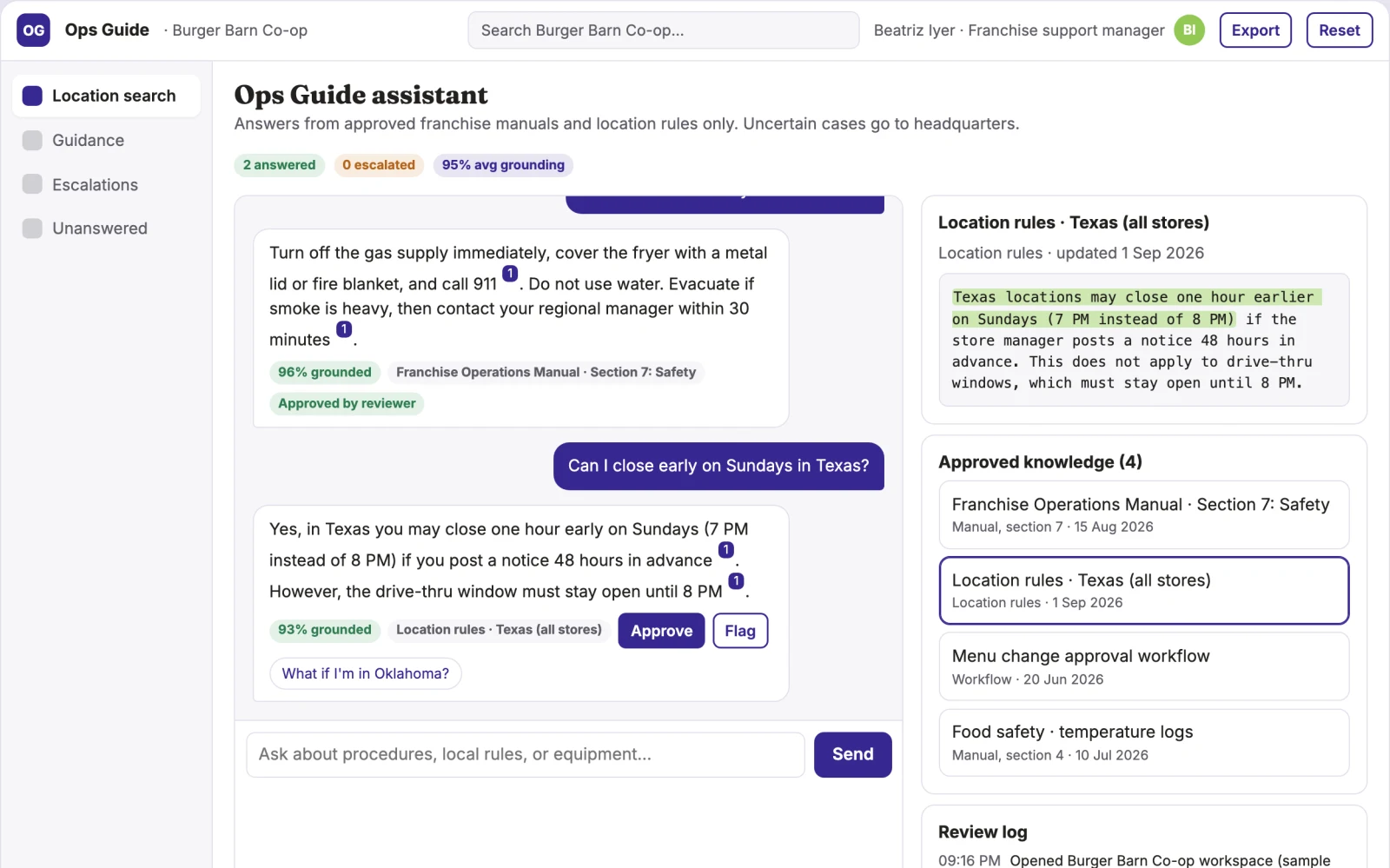 Demo screen of Franchise operations assistant