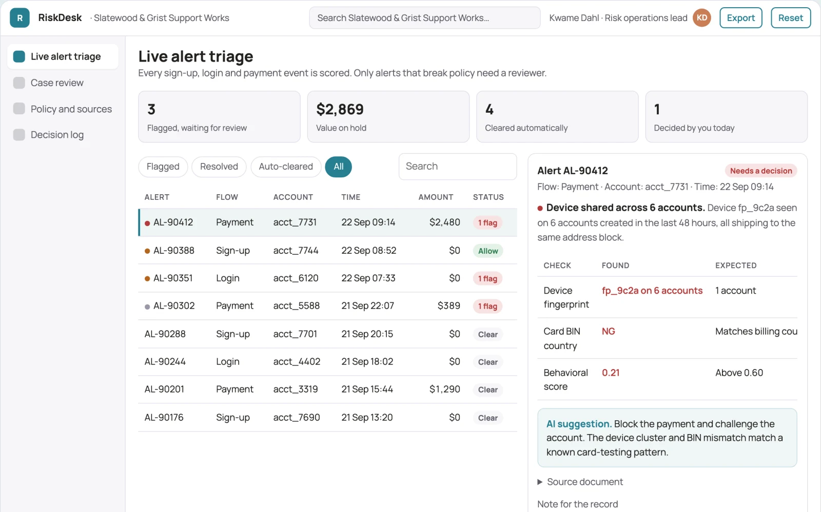 Screenshot of the Fraud and bot prevention operations portal interactive demo