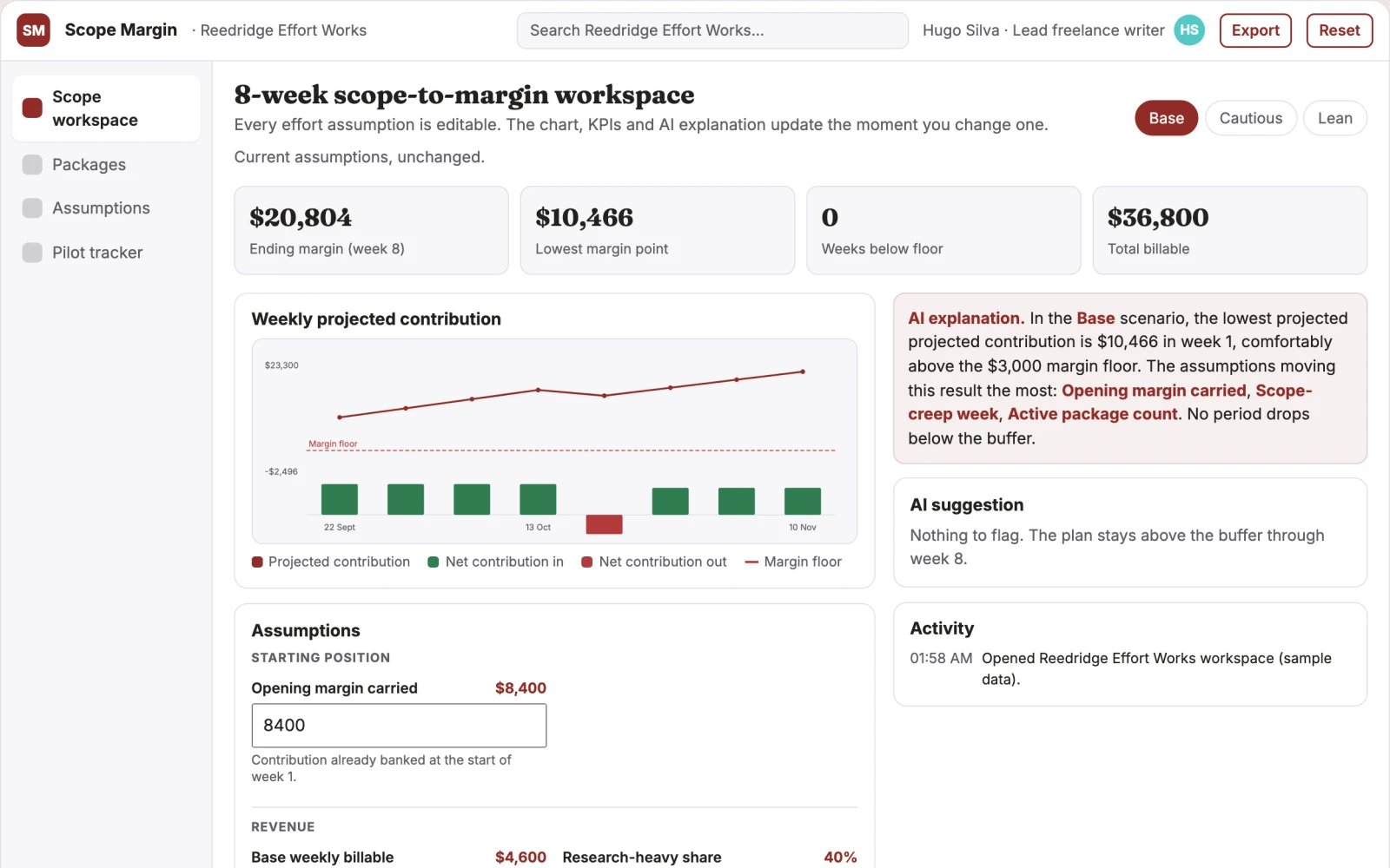 Screenshot of the Freelance writing scope-to-margin planner interactive demo