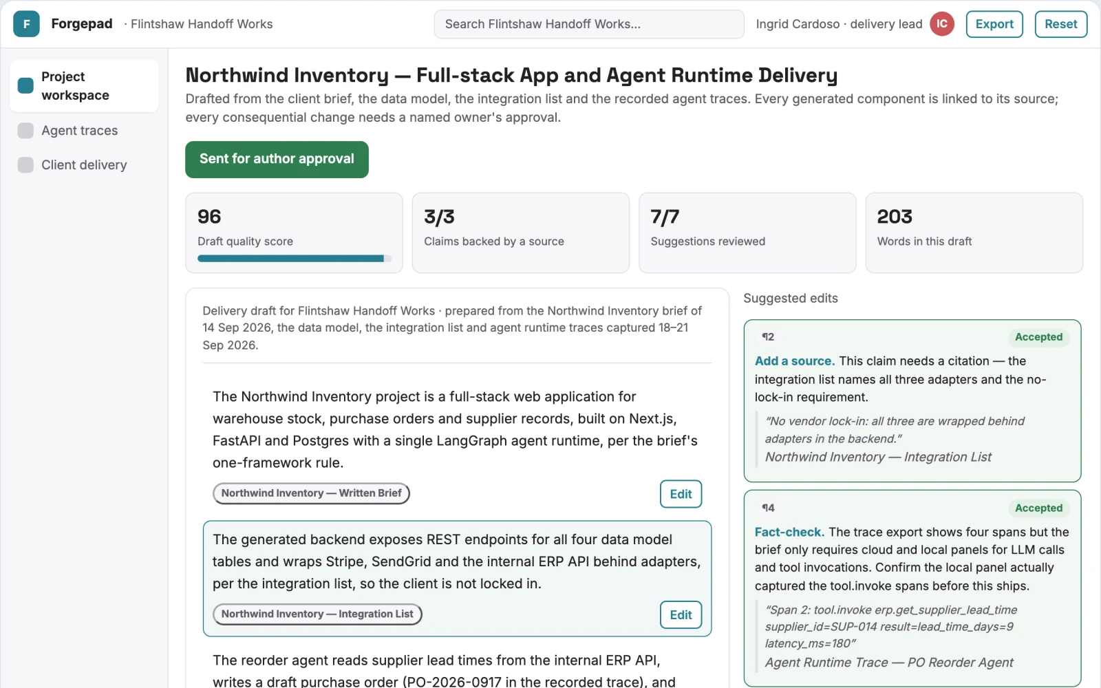 Screenshot of the Full-stack app and agent delivery workspace interactive demo