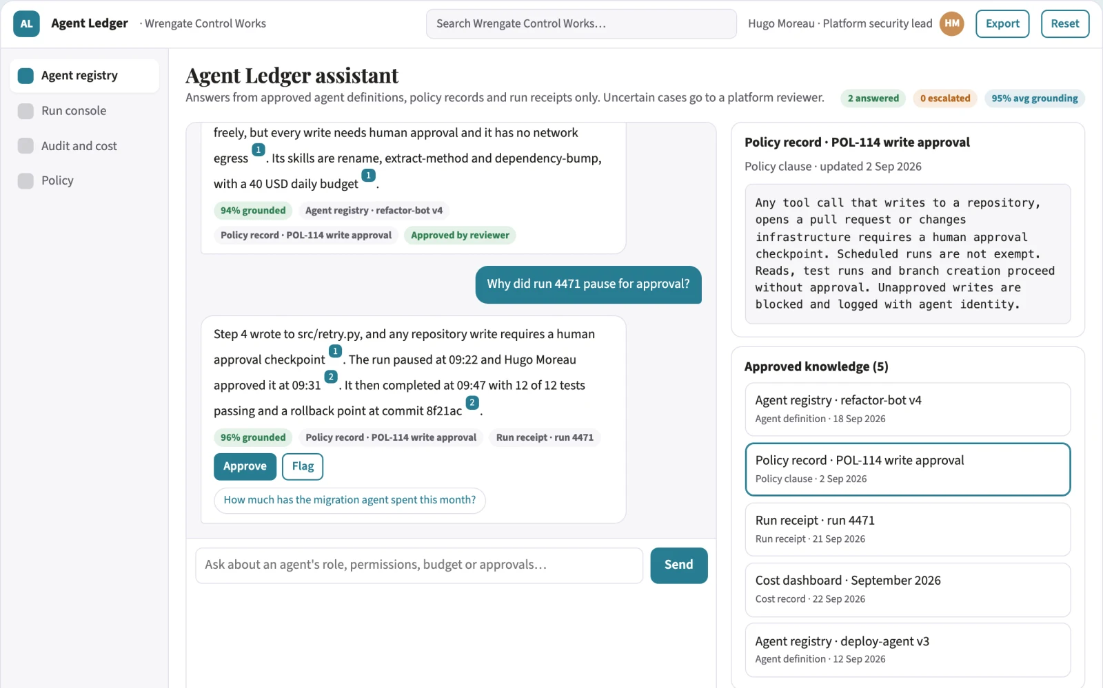 Screenshot of the Governed autonomous coding agent control plane interactive demo