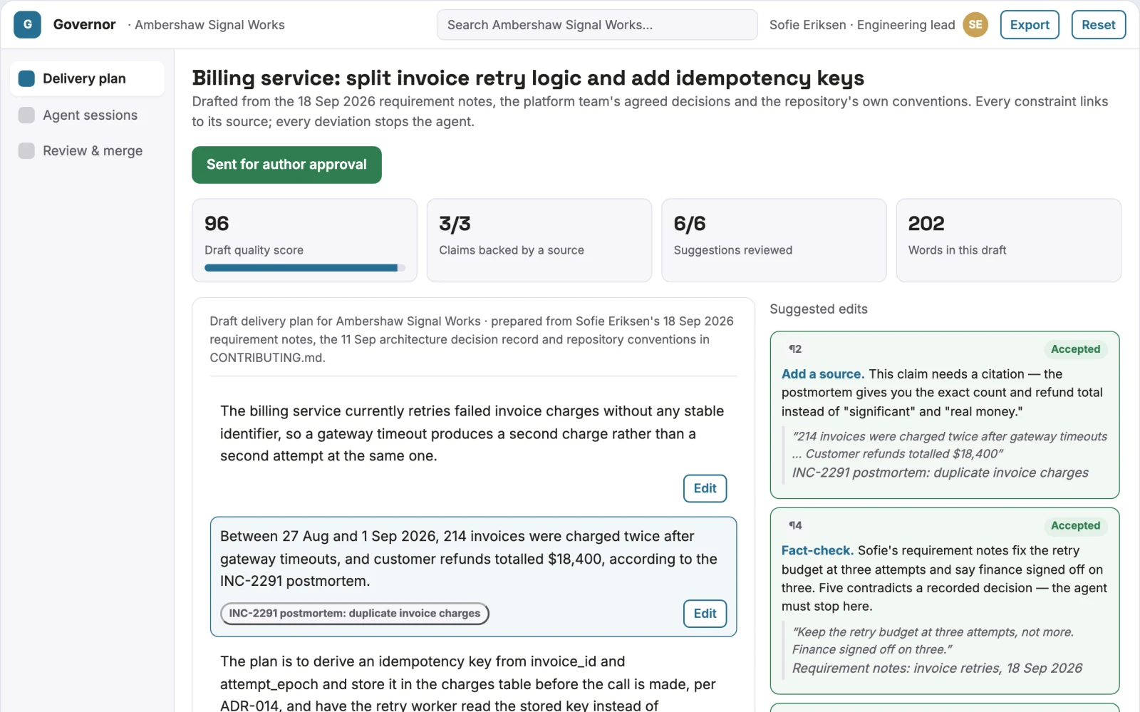 Screenshot of the Governed multi-agent coding delivery workspace interactive demo