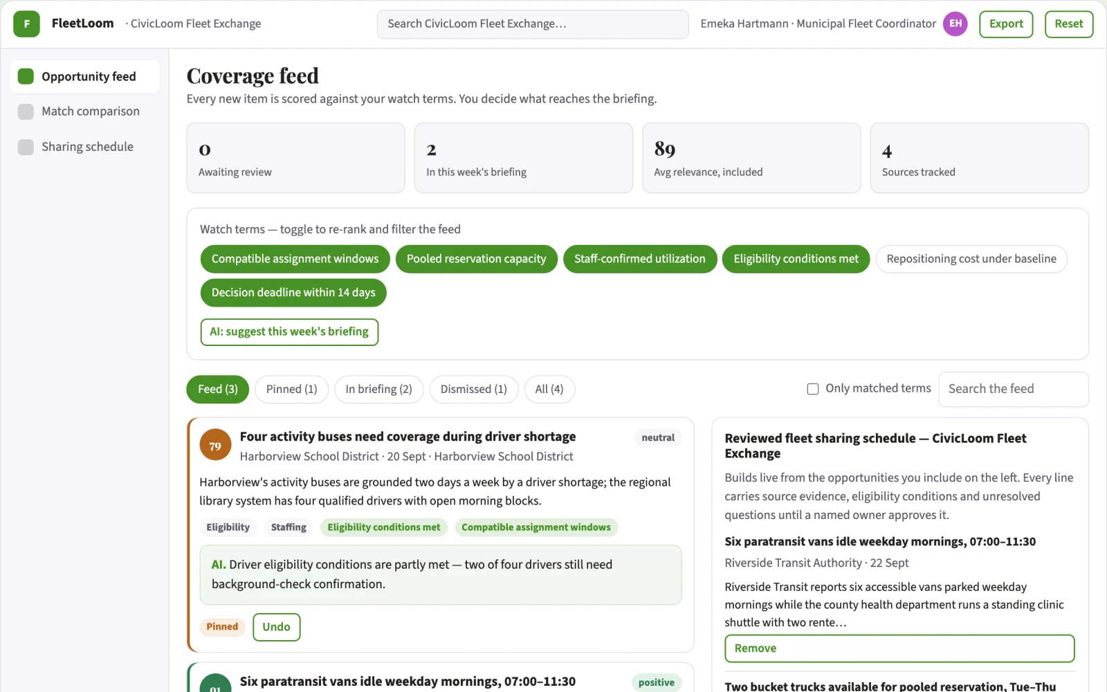 Screenshot of the Government fleet utilization exchange interactive demo
