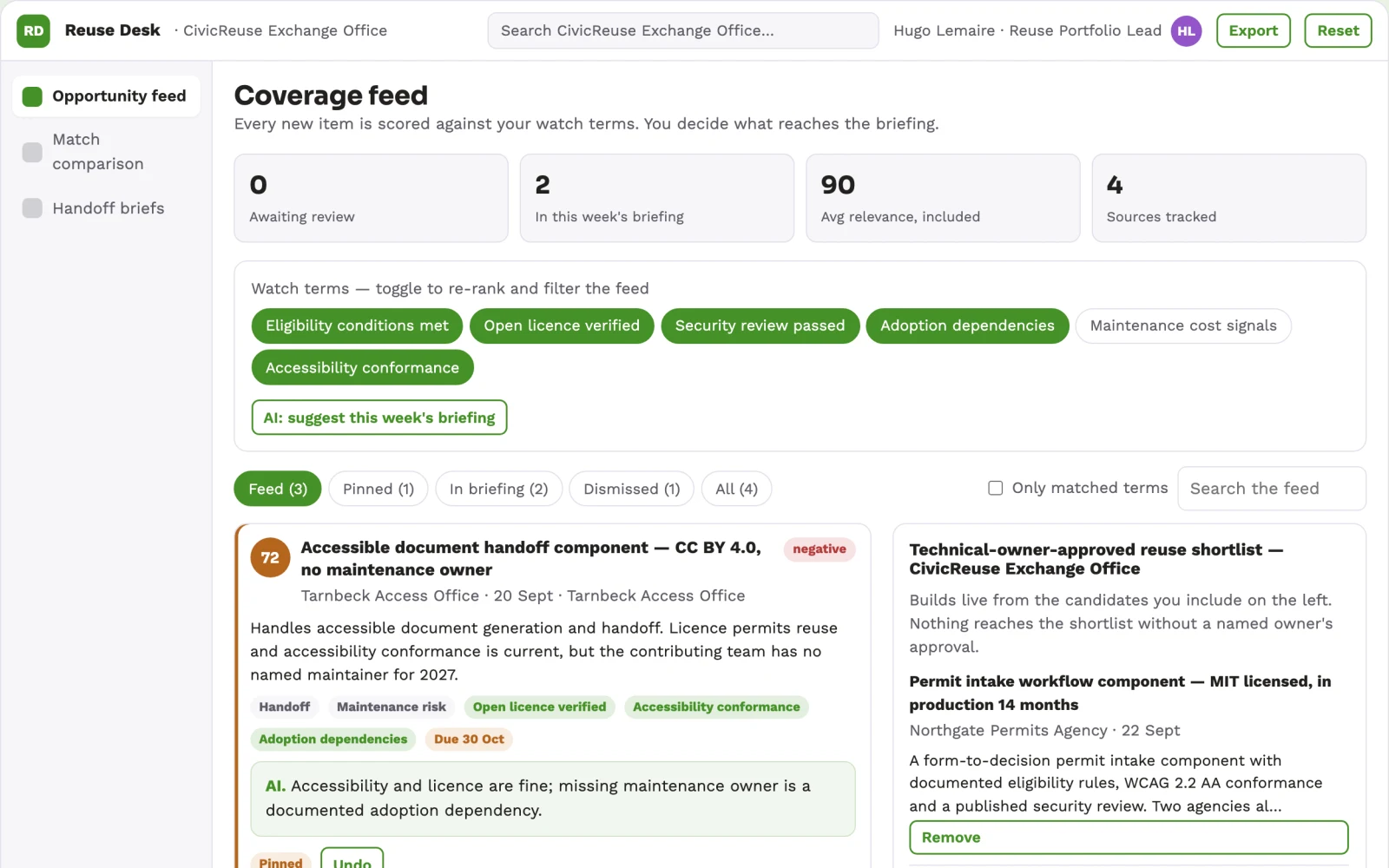 Screenshot of the Government reusable service component exchange interactive demo