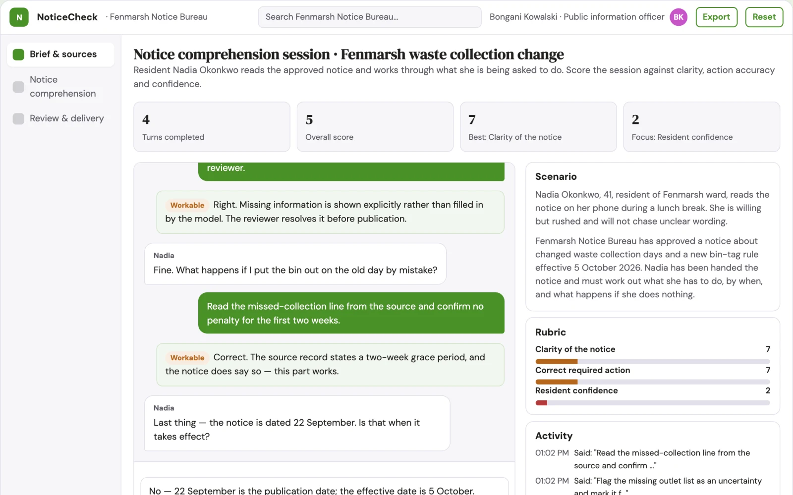 Screenshot of the Government service notice comprehension interactive demo