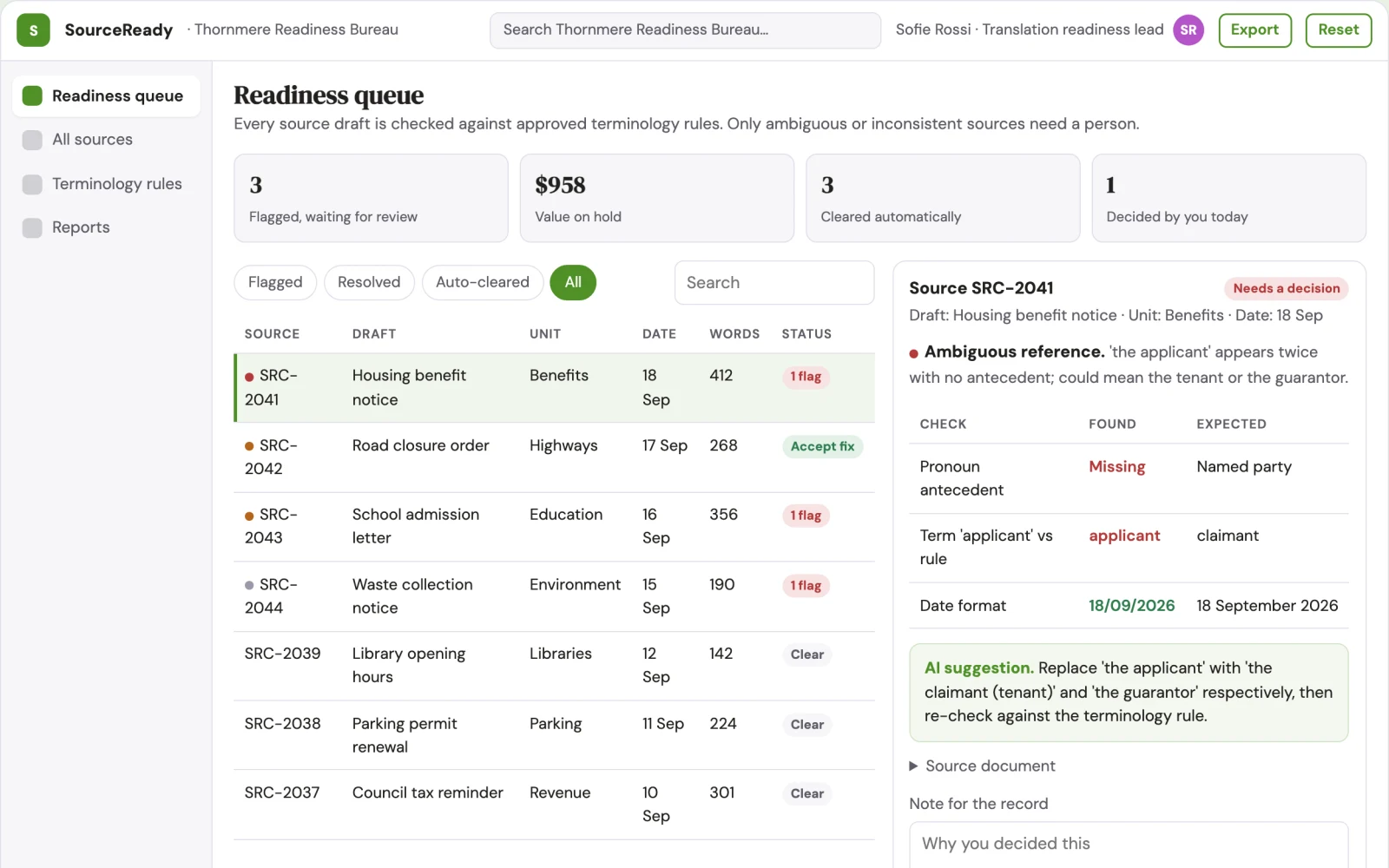 Screenshot of the Government translation source readiness interactive demo
