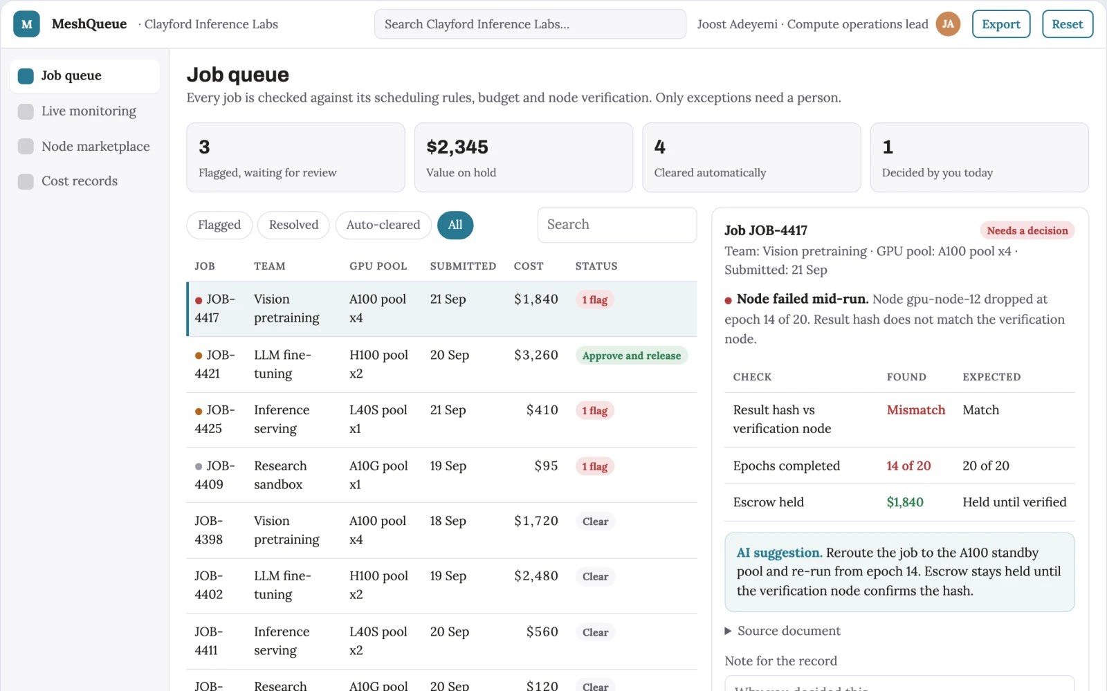 Screenshot of the GPU compute job coordination portal interactive demo