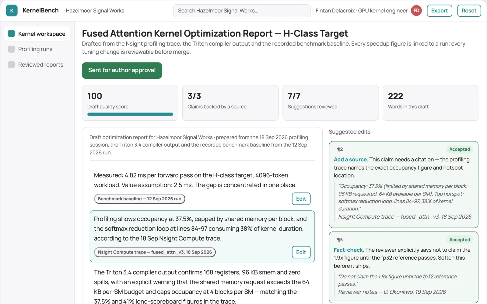 Screenshot of the GPU kernel profiling and optimization workbench interactive demo