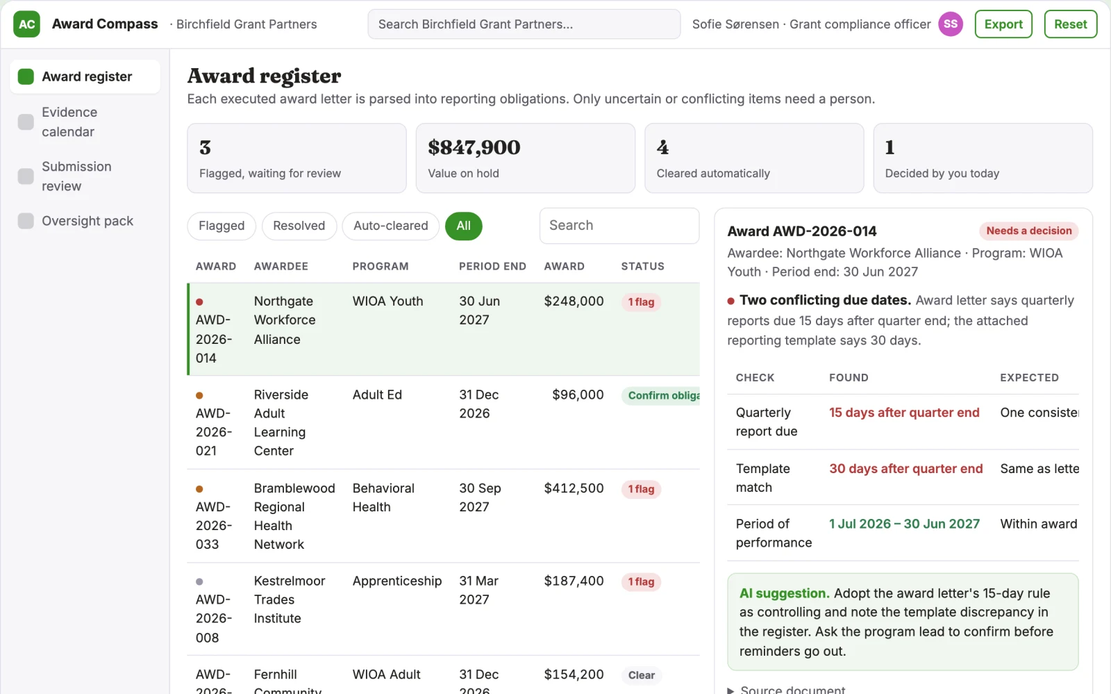 Screenshot of the Grant award reporting calendar interactive demo