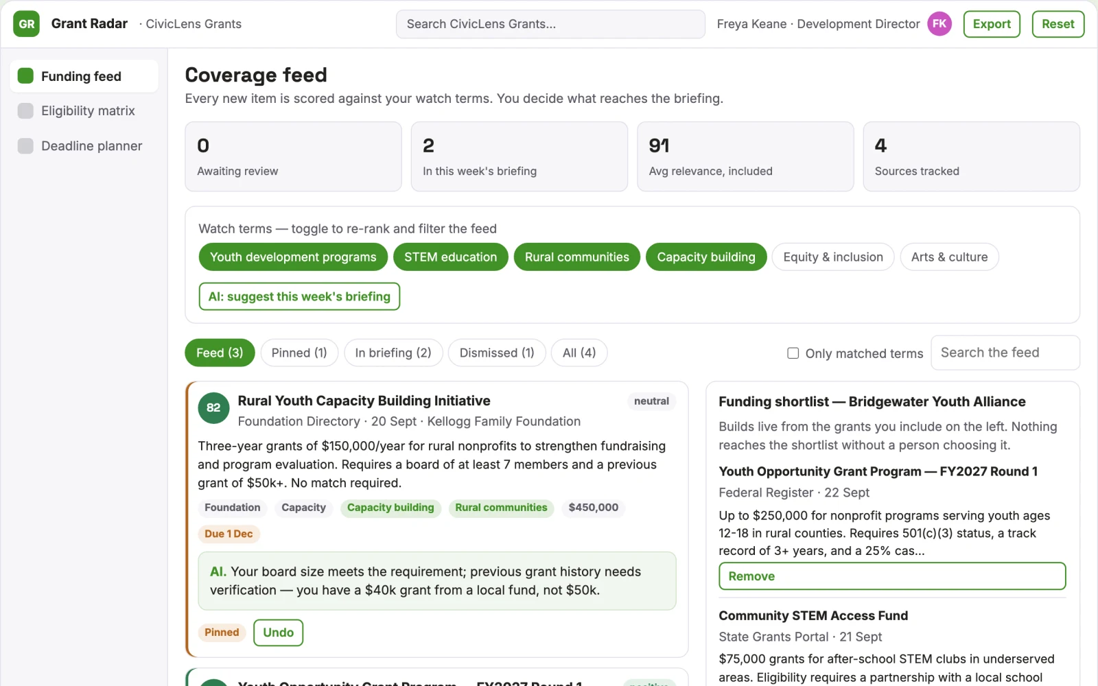 Demo screen of Grant discovery platform
