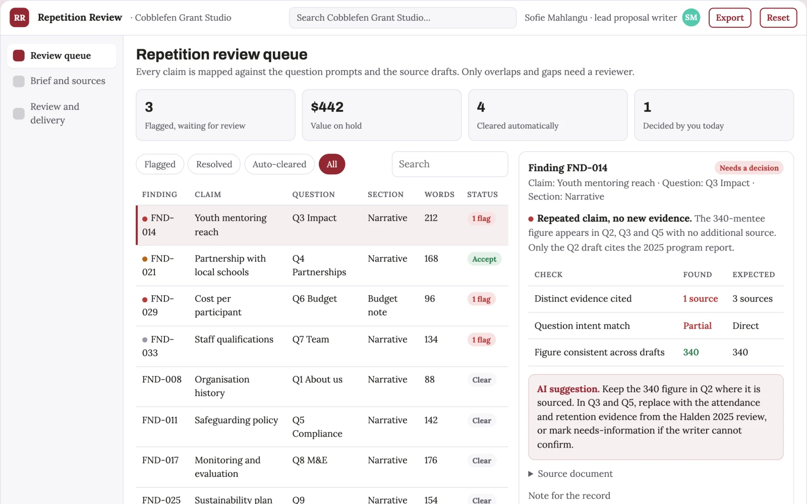 Screenshot of the Grant narrative repetition reviewer interactive demo