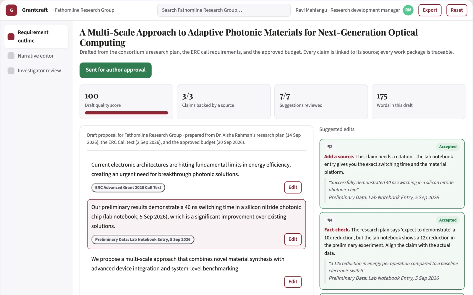 Demo screen of Grant proposal preparation