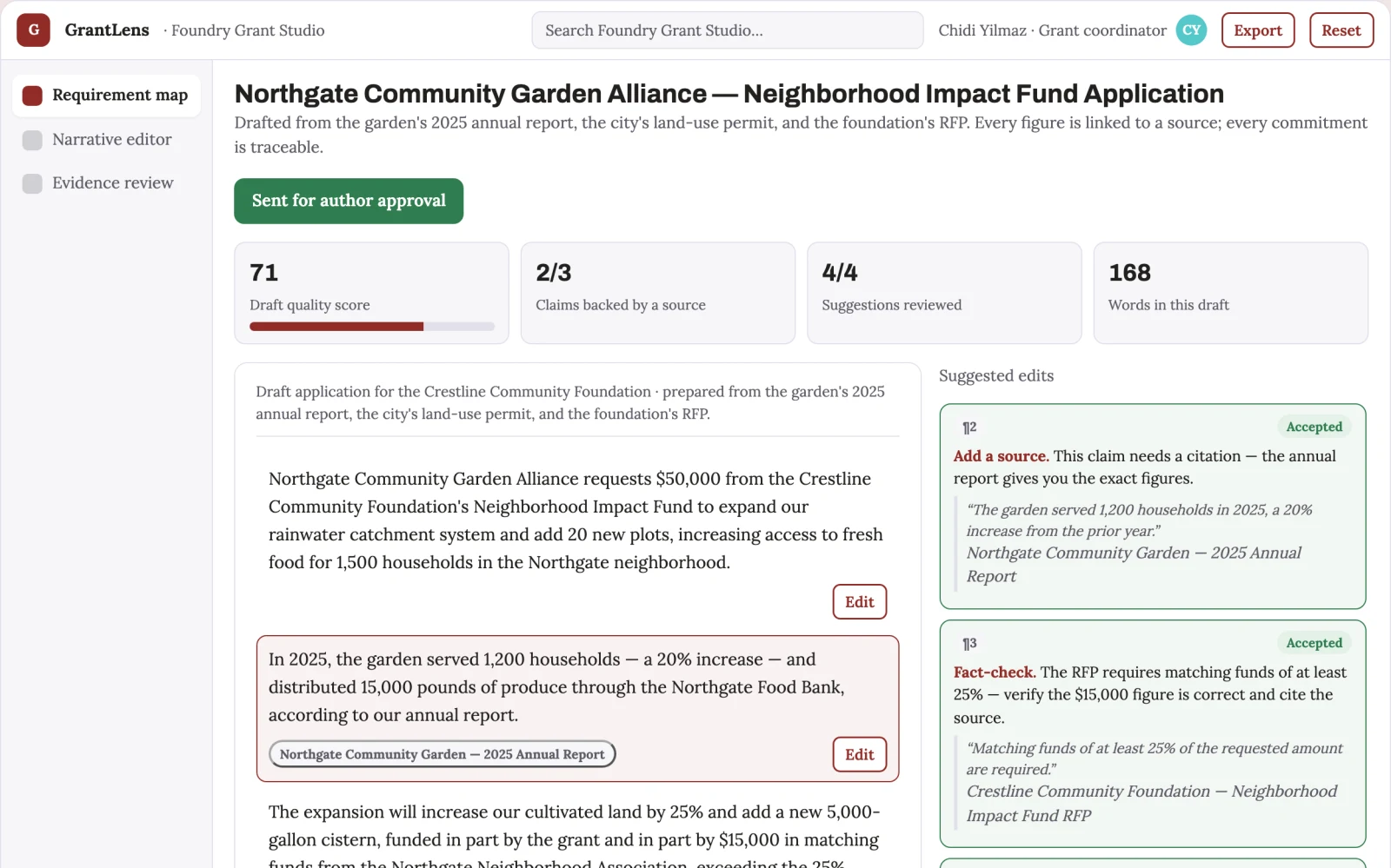 Demo screen of Grant writing support