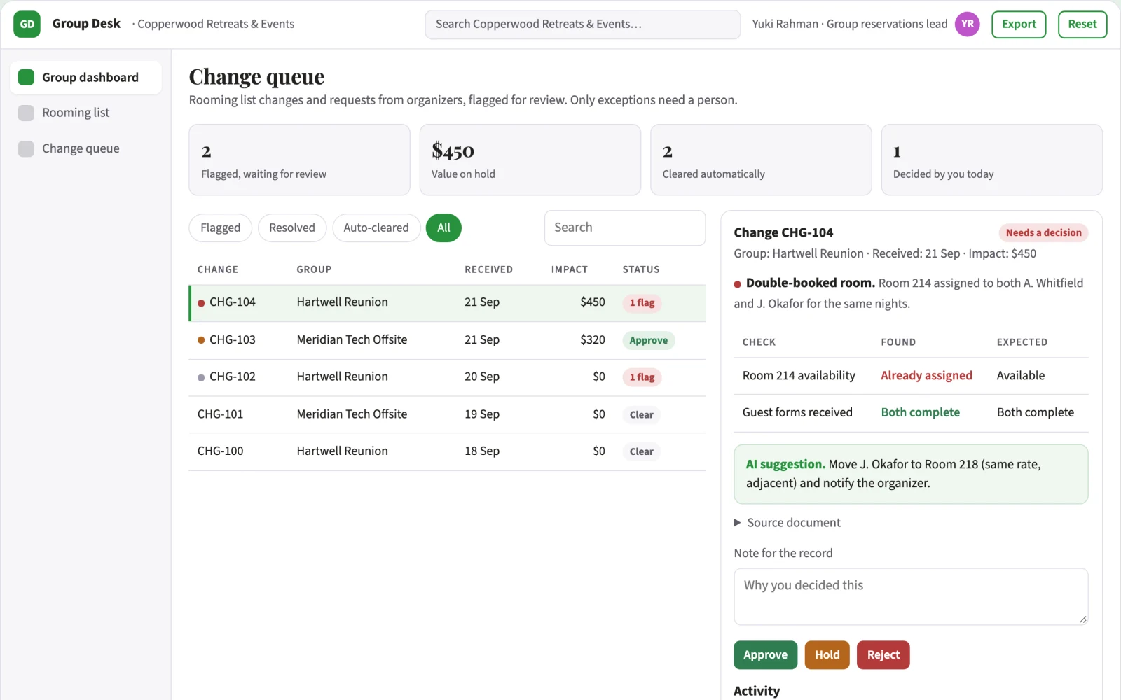 Demo screen of Group booking coordinator