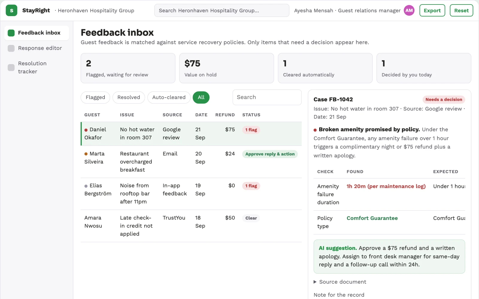 Demo screen of Guest feedback follow-up service