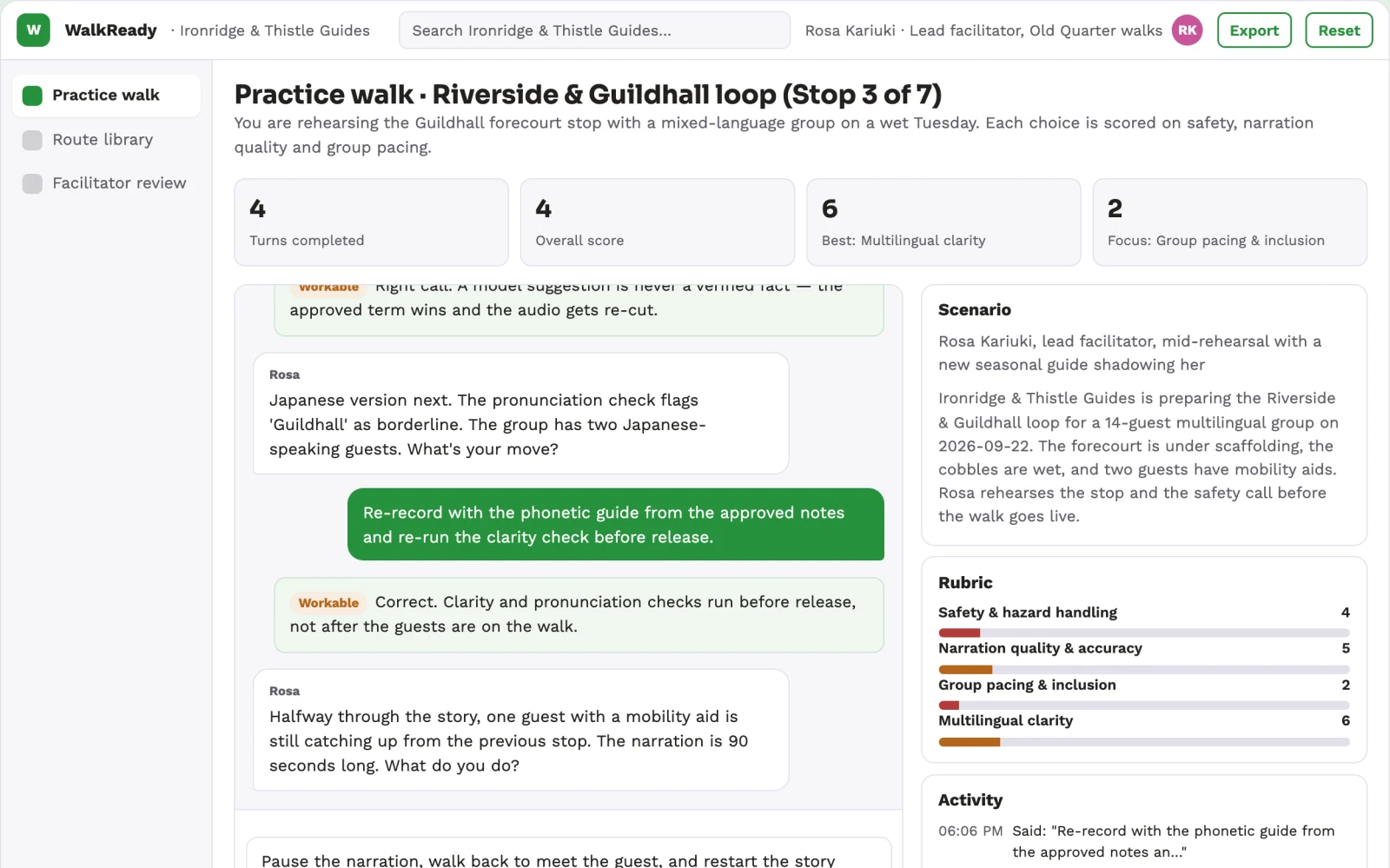 Screenshot of the Guided audio walk and safe route practice platform interactive demo