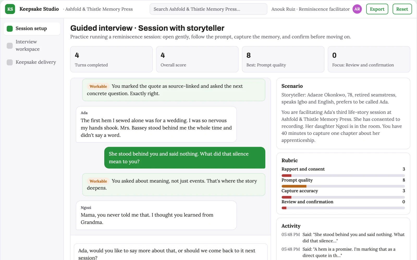 Screenshot of the Guided life-story capture and keepsake studio interactive demo
