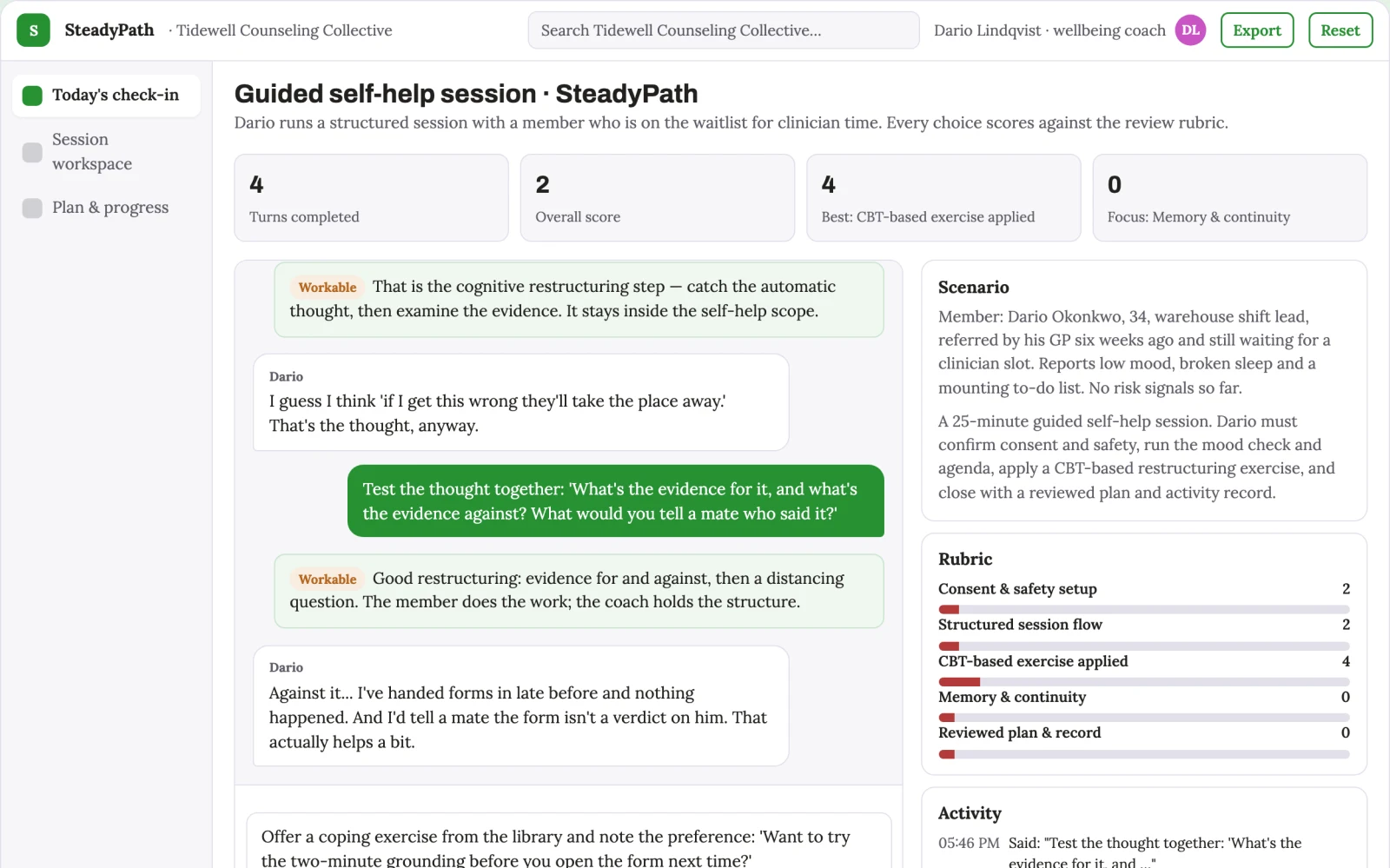 Screenshot of the Guided self-help and daily planning companion interactive demo