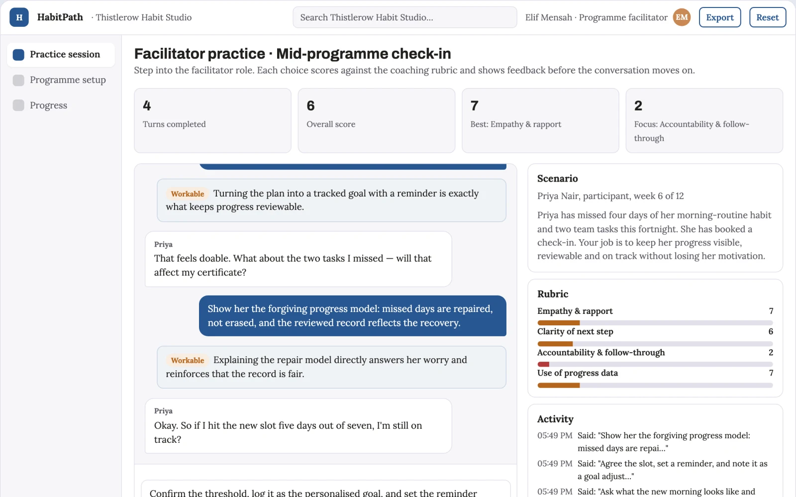 Screenshot of the Habit and task progress practice platform interactive demo
