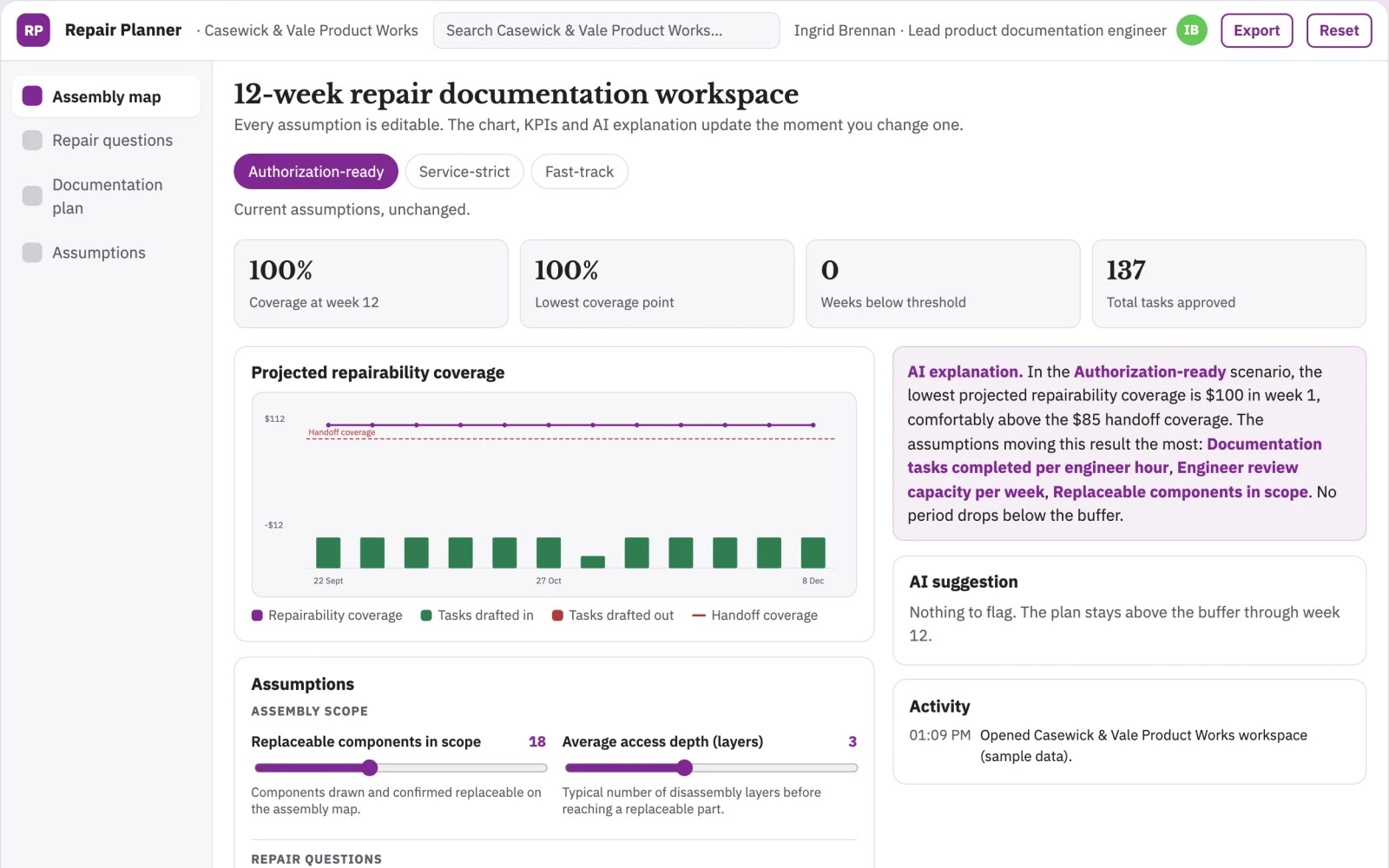 Screenshot of the Hardware repairability documentation planner interactive demo
