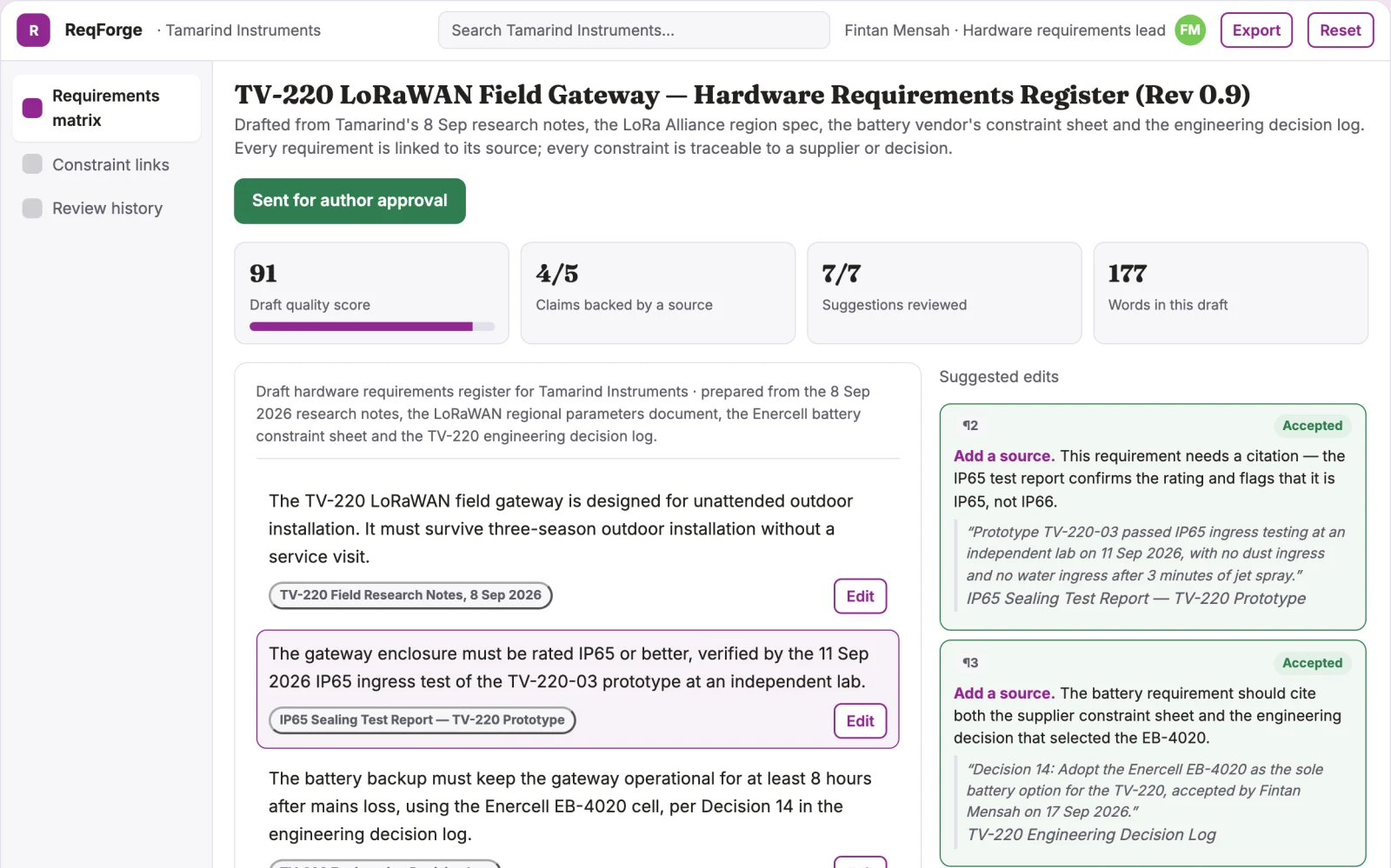 Demo screen of Hardware requirements organizer