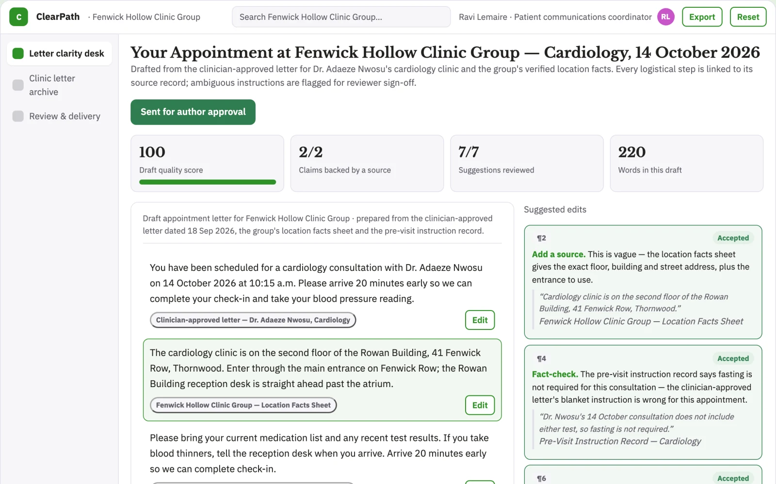 Screenshot of the Healthcare appointment letter clarity desk interactive demo