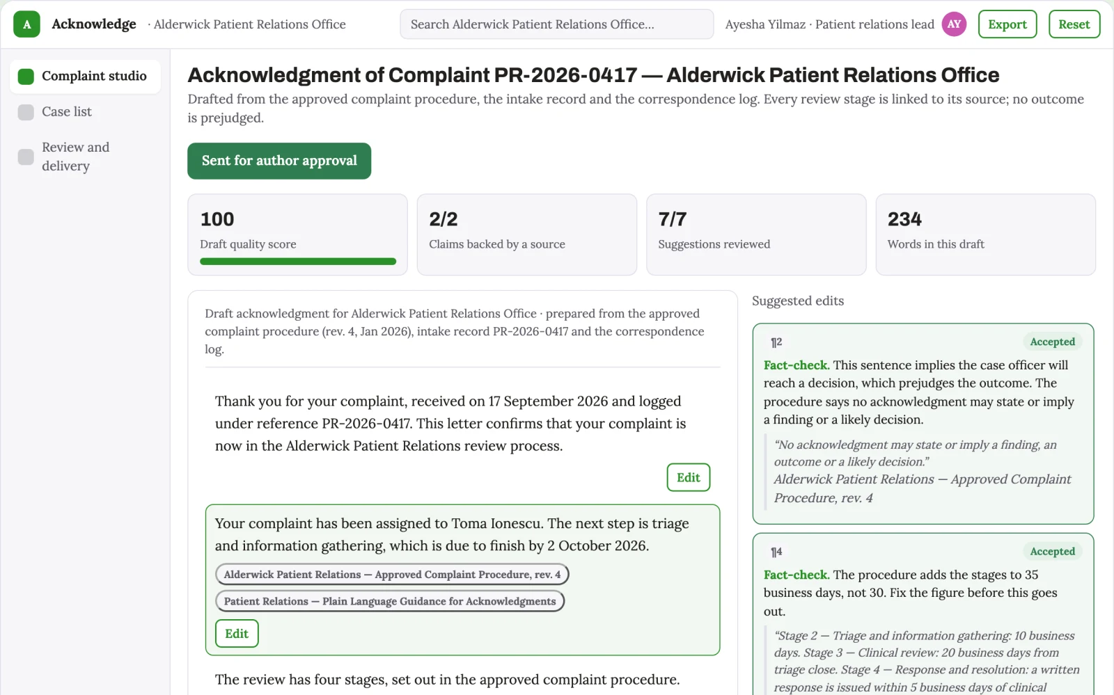 Screenshot of the Healthcare complaint acknowledgment studio interactive demo