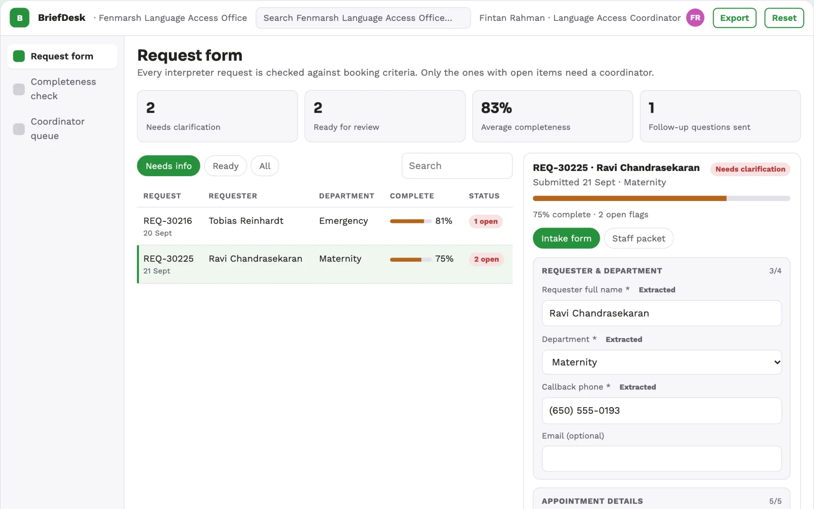 Screenshot of the Healthcare interpreter booking brief interactive demo