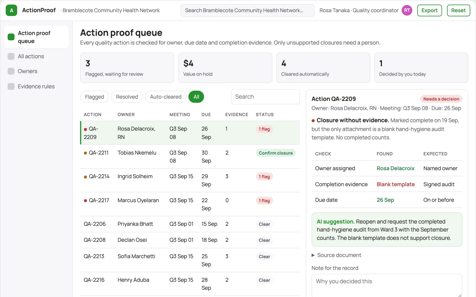 Screenshot of the Healthcare quality meeting action proof interactive demo