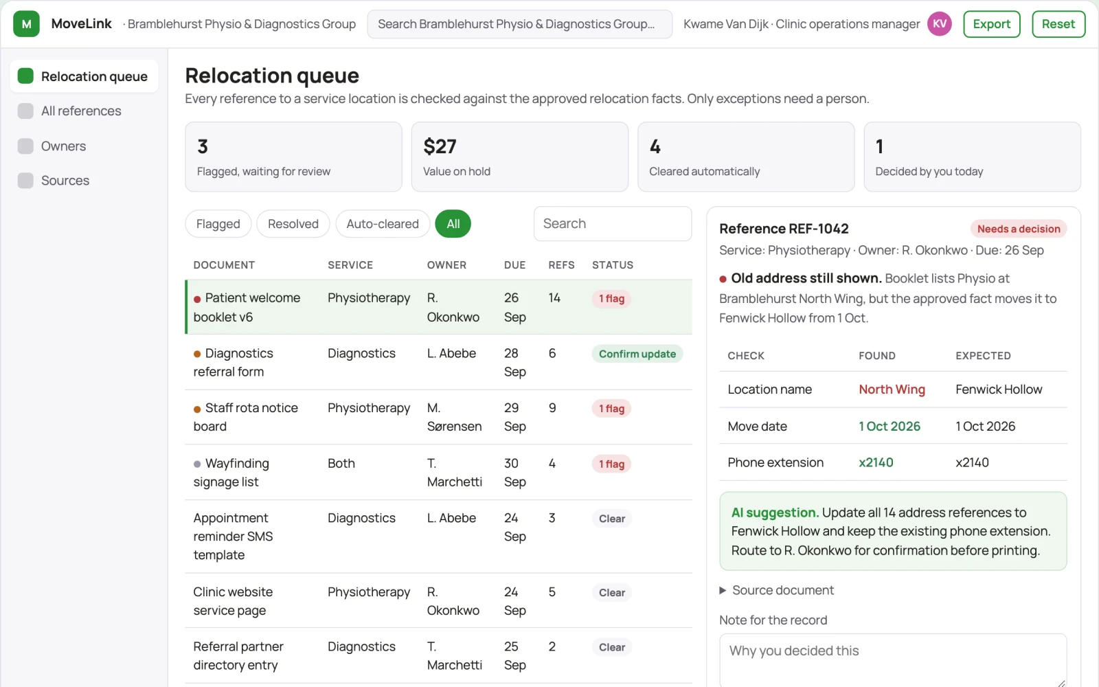 Screenshot of the Healthcare service relocation planner interactive demo