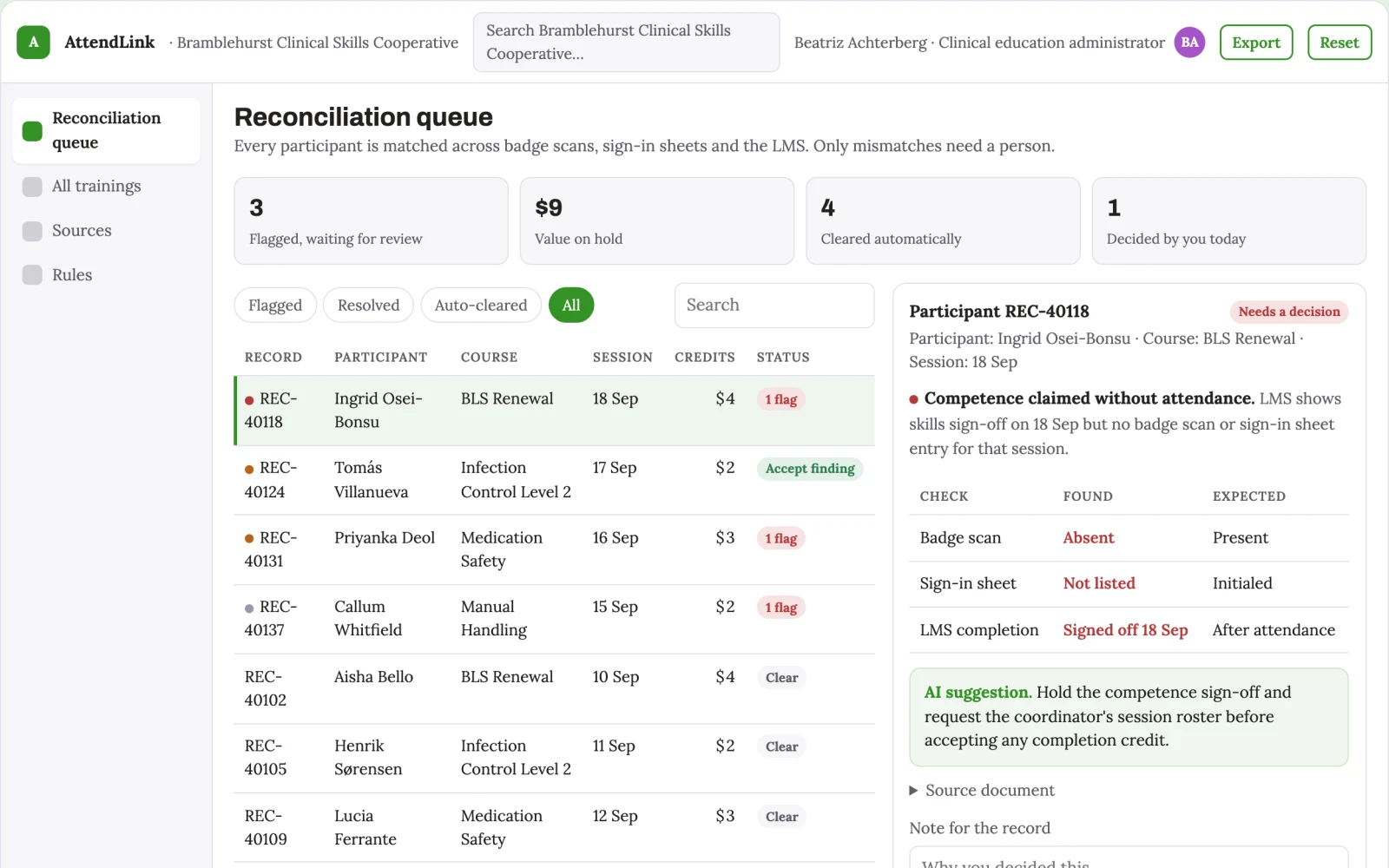 Screenshot of the Healthcare training attendance reconciliation interactive demo