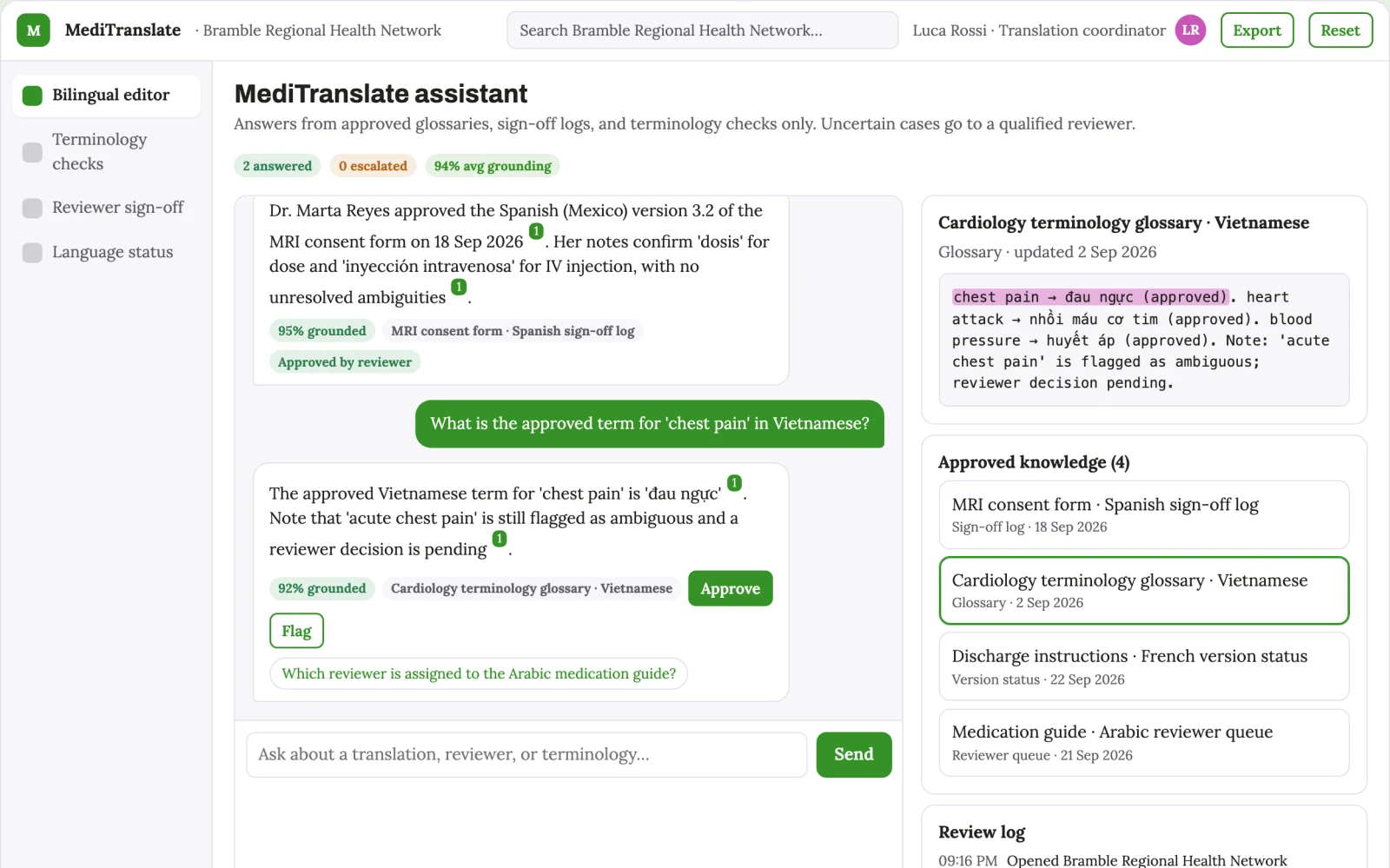 Demo screen of Healthcare translation service