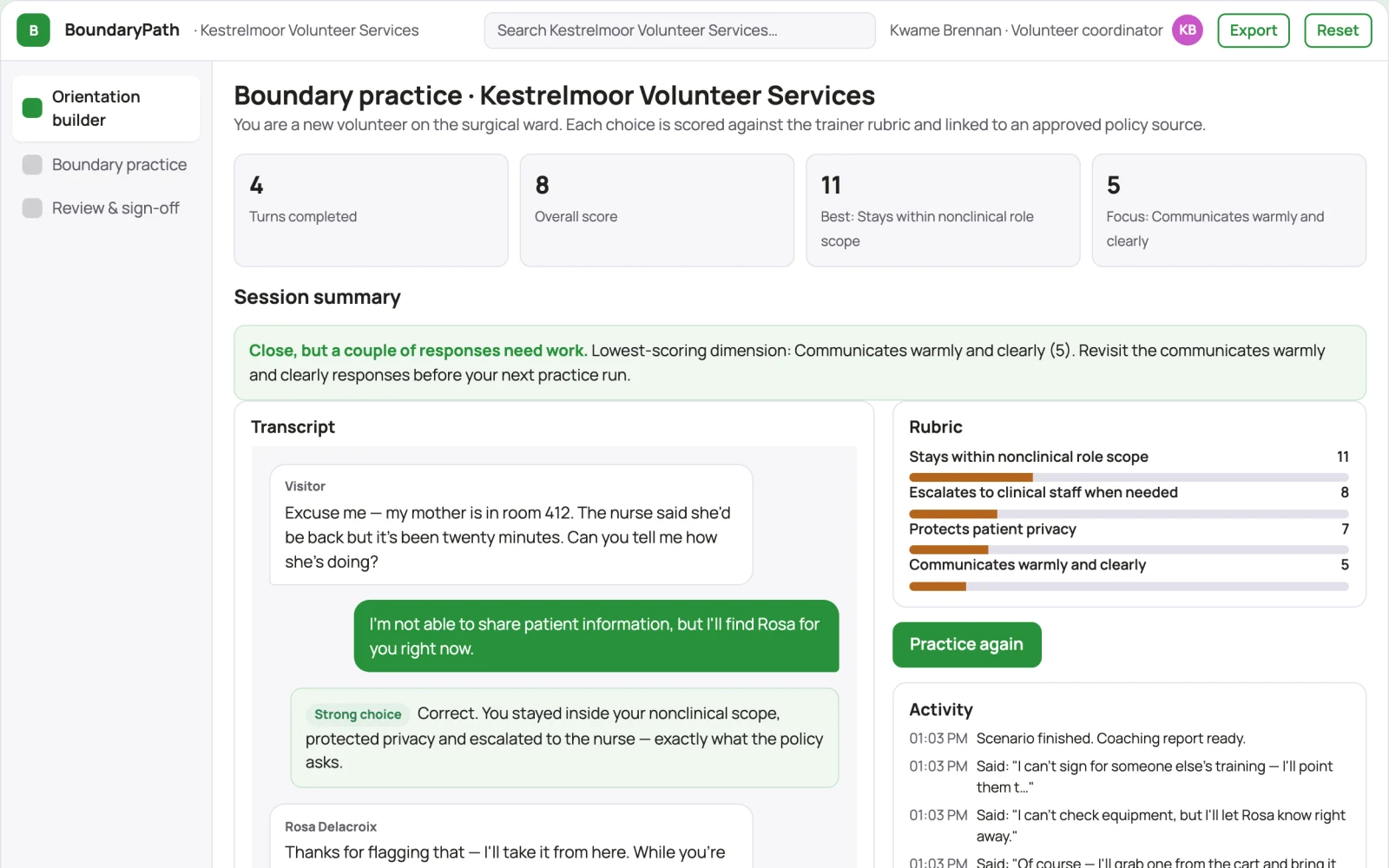 Screenshot of the Healthcare volunteer orientation builder interactive demo
