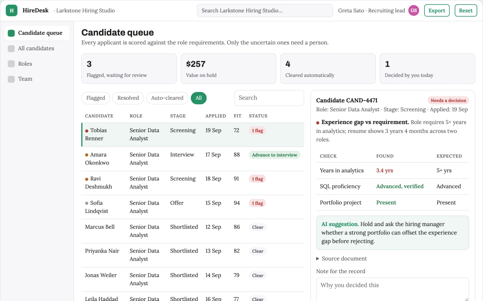 Screenshot of the Hiring coordination and candidate screening portal interactive demo