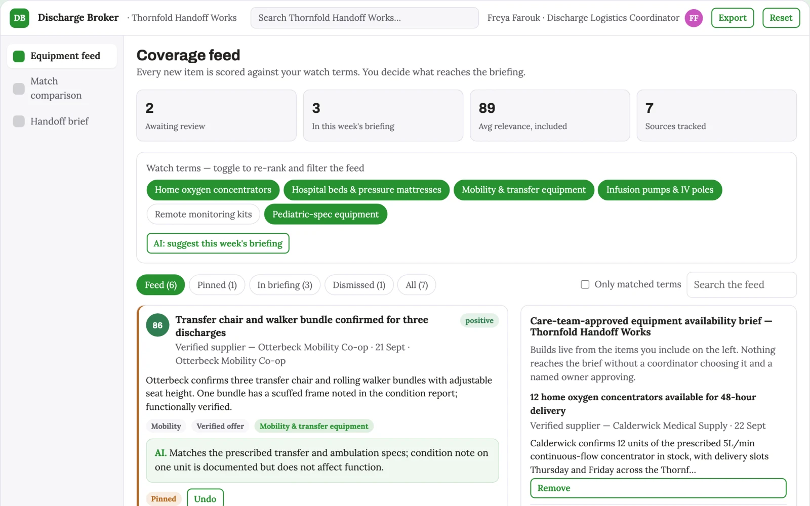 Screenshot of the Hospital discharge equipment availability broker interactive demo