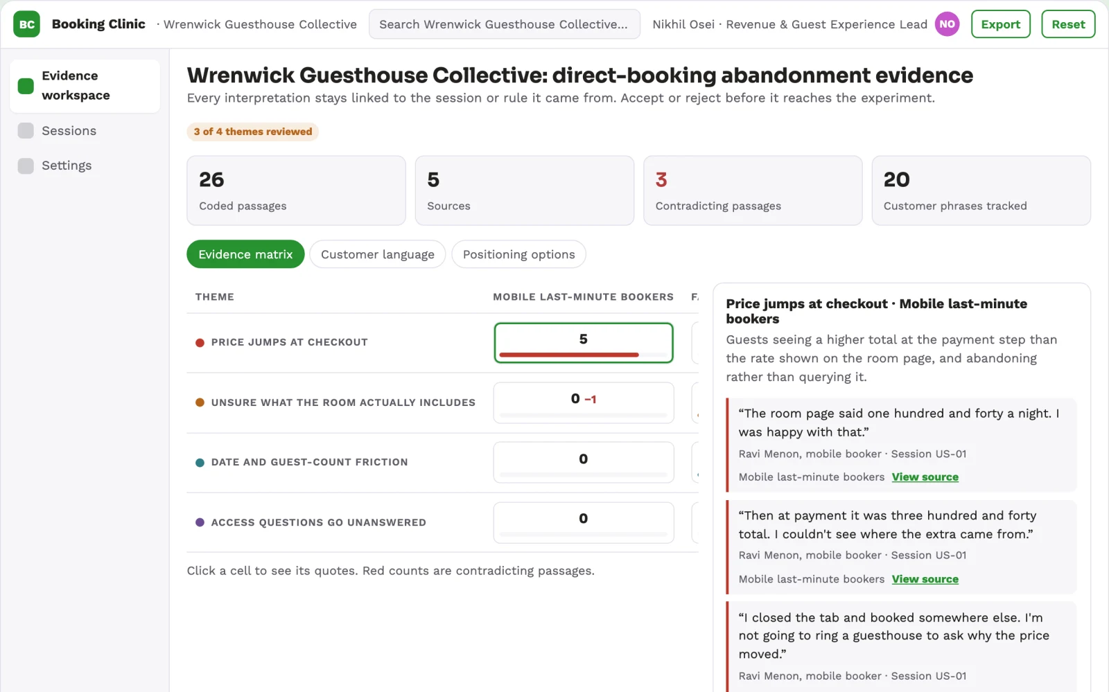 Screenshot of the Hospitality direct-booking abandonment clinic interactive demo