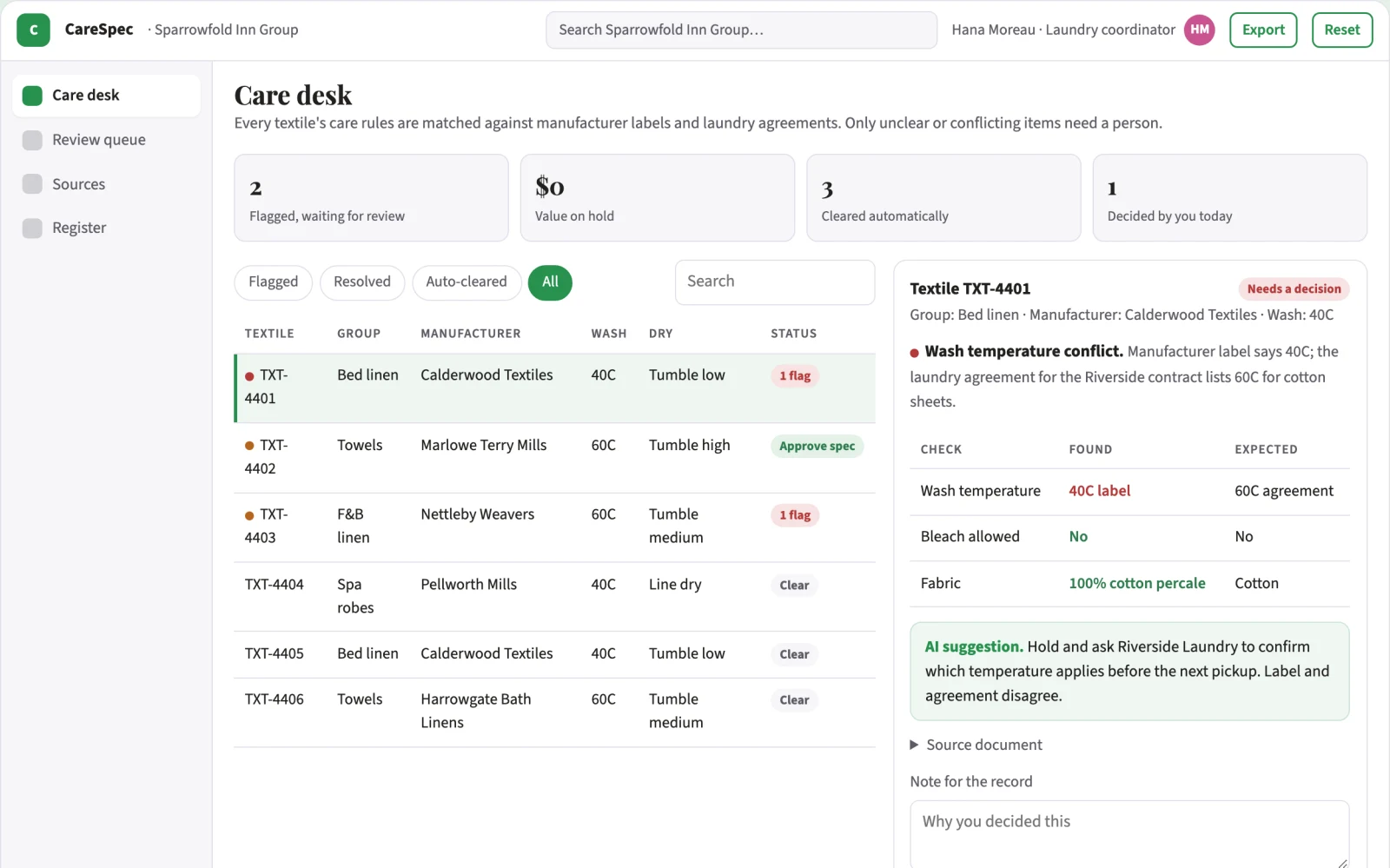 Screenshot of the Hospitality laundry specification desk interactive demo