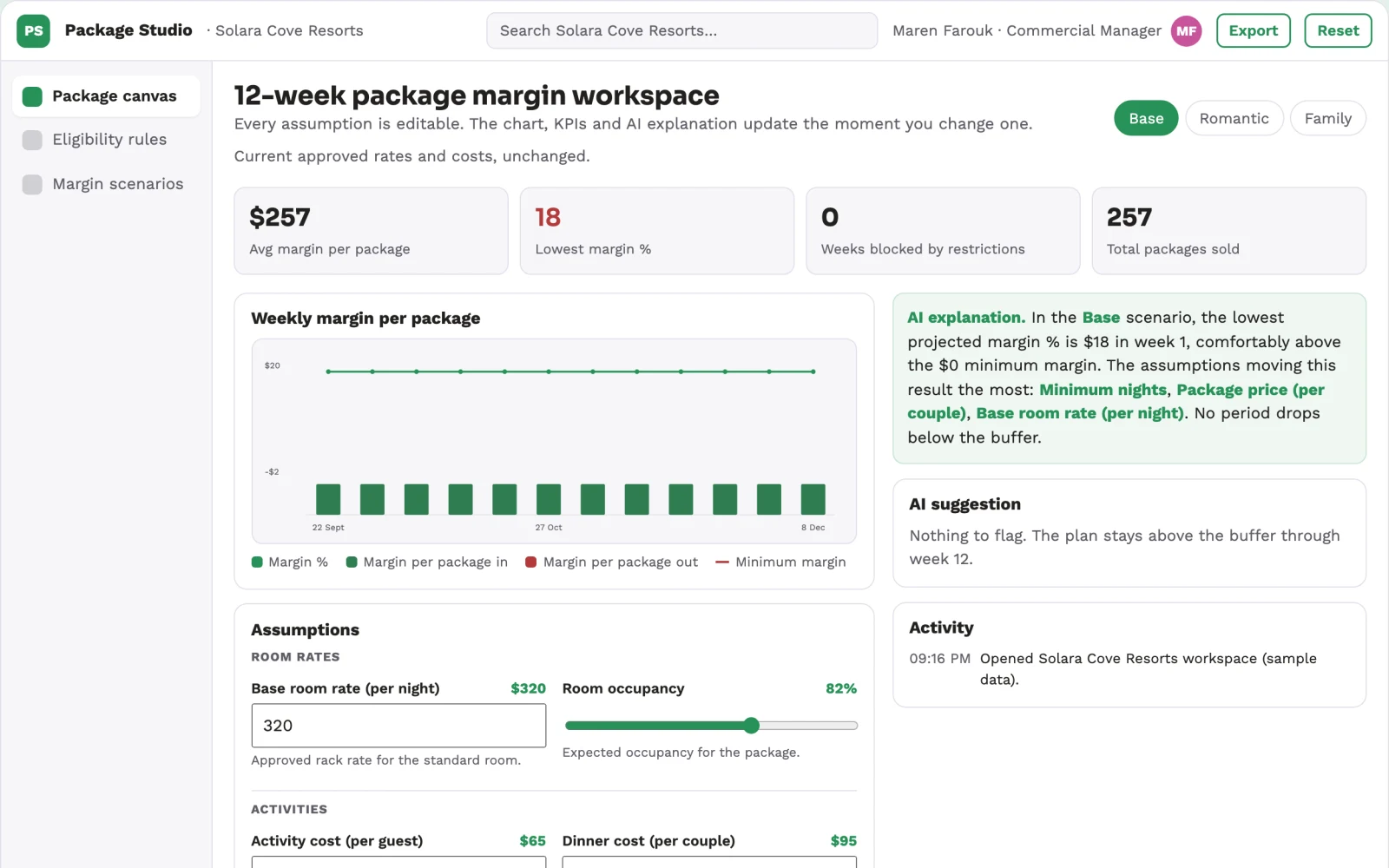 Screenshot of the Hospitality package designer interactive demo