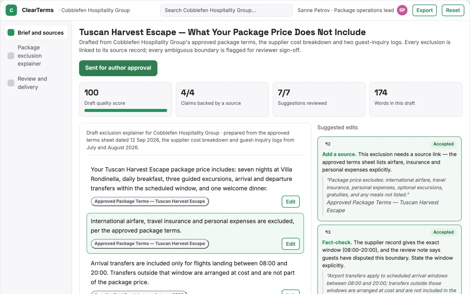 Screenshot of the Hospitality package exclusion explainer interactive demo