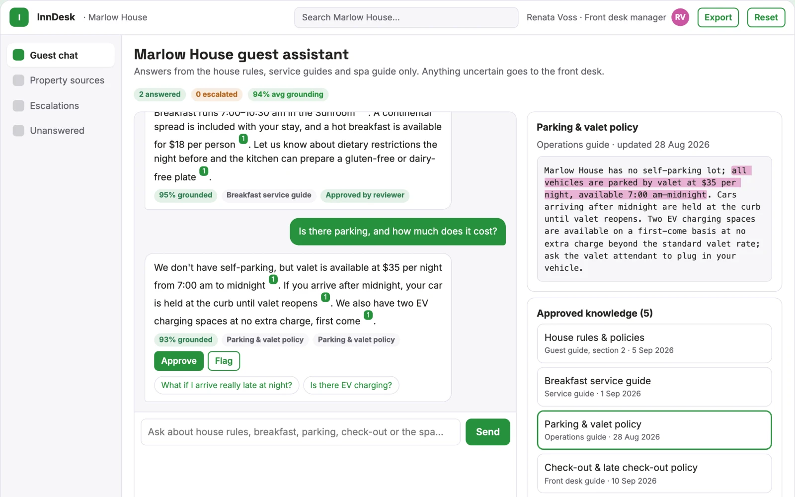 Demo screen of Hotel guest messaging assistant