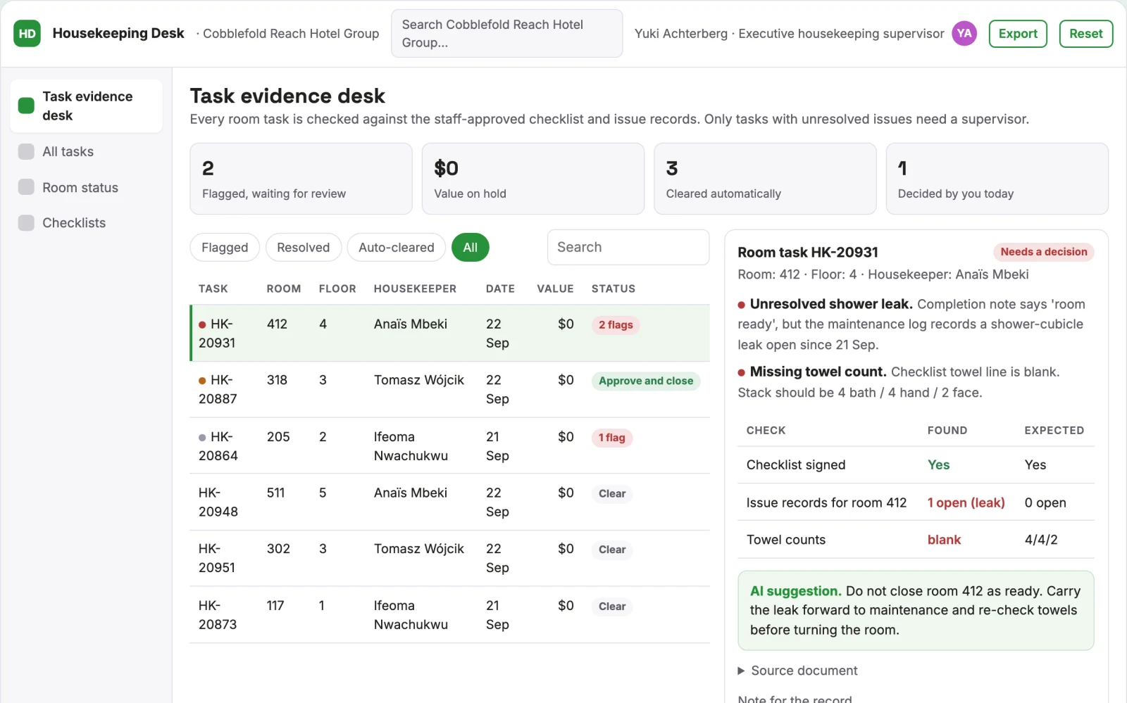 Screenshot of the Hotel housekeeping task evidence desk interactive demo